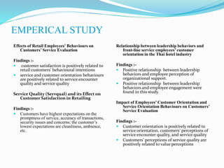 EMPERICAL STUDY
Effects of Retail Employees' Behaviours on
Customers’ Service Evaluation
Findings :-
 customer satisfaction is positively related to
retail customers’ behavioural intentions
 service and customer orientation behaviours
are positively related to service encounter
quality and service quality
Service Quality (Servqual) and its Effect on
Customer Satisfaction in Retailing
Findings :-
 Customers have highest expectations on the
promptness of service, accuracy of transactions,
security issues and concerns; the customer’s
lowest expectations are cleanliness, ambience,
etc.
Relationship between leadership behaviors and
front-line service employees’ customer
orientation in the Thai hotel industry
Findings :-
 Positive relationship between leadership
behaviors and employee perception of
organizational support.
 Positive relationship between leadership
behaviors and employee engagement were
found in this study.
Impact of Employees’ Customer Orientation and
Service Orientation Behaviours on Customers’
Service Evaluation
Findings :-
 Customer orientation is positively related to
service orientation, customers’ perceptions of
service encounter quality, and service quality
 Customers’ perceptions of service quality are
positively related to value perceptions
 