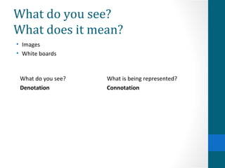 What do you see?
What does it mean?
• Images
• White boards



 What do you see?   What is being represented?
 Denotation         Connotation
 