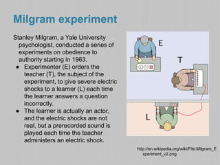 Milgram experiment 
Stanley Milgram, a Yale University 
psychologist, conducted a series of 
experiments on obedience to 
authority starting in 1963. 
● Experimenter (E) orders the 
teacher (T), the subject of the 
experiment, to give severe electric 
shocks to a learner (L) each time 
the learner answers a question 
incorrectly. 
● The learner is actually an actor, 
and the electric shocks are not 
real, but a prerecorded sound is 
played each time the teacher 
administers an electric shock. 
http://en.wikipedia.org/wiki/File:Milgram_E 
xperiment_v2.png 
 