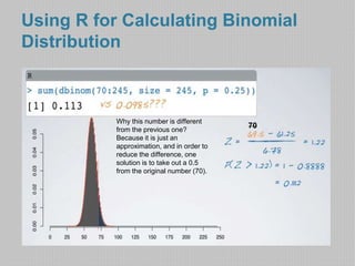Using R for Calculating Binomial 
Distribution 
Why this number is different 
from the previous one? 
Because it is just an 
approximation, and in order to 
reduce the difference, one 
solution is to take out a 0.5 
from the original number (70). 
70 
 