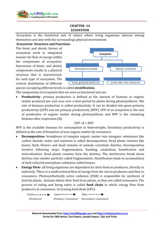 Material downloaded from http://myCBSEguide.com and http://onlineteachers.co.in
Portal for CBSE Notes, Test Papers, Sample Papers, Tips and Tricks
CHAPTER- 14
ECOSYSTEM
Ecosystem is the functional unit of nature where living organisms interact among
themselves and also with the surroundings physical environment.
Ecosystem- Structure and Functions
The biotic and abiotic factors of
ecosystem work in integrated
manner for flow of energy within
the components of ecosystem.
Interaction of biotic and abiotic
components results in a physical
structure that is characteristic
for each type of ecosystem. The
vertical distribution of different
species occupying different levels is called stratification.
The components of ecosystem that are seen as functional unit are
• Productivity- primary production is defined as the amount of biomass or organic
matter produced per unit area over a time period by plants during photosynthesis. The
rate of biomass production is called productivity. It can be divided into gross primary
productivity (GPP) and net primary productivity (NPP). GPP of an ecosystem is the rate
of production of organic matter during photosynthesis and NPP is the remaining
biomass after respiration (R).
GPP –R = NPP
NPP is the available biomass for consumption to heterotrophs. Secondary productivity is
defined as the rate of formation of new organic matter by consumers.
• Decomposition- breakdown of complex organic matter into inorganic substances like
carbon dioxide, water and nutrients is called decomposition. Dead plants remains like
leaves, bark, flowers and dead remains of animals constitute detritus. Decomposition
involves following steps- fragmentation, leaching, catabolism, humification and
mineralization. Dead plants remains form the detritus. The detritivores break down
detritus into smaller particles called fragmentation. Humification leads to accumulation
of dark coloured amorphous substance called humus.
• Energy Flow- all living organisms are dependent for their food on producers, directly or
indirectly. There is a unidirectional flow of energy from the sun to producers and then to
consumers. Photosynthetically active radiation (PAR) is responsible for synthesis of
food by plants. Animals obtain their food from plants, so they are called consumers. The
process of eating and being eaten is called food chain in which energy flow from
producers to consumers. In Grazing food chain (GFC)-
 