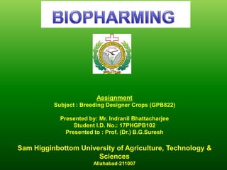 AssignmentAssignment
Subject : Breeding Designer Crops (GPB822)Subject : Breeding Designer Crops (GPB822)
Presented by: Mr.Presented by: Mr. IndranilIndranil BhattacharjeeBhattacharjee
Student I.D. No.: 17PHGPB102Student I.D. No.: 17PHGPB102
Presented to : Prof. (Dr.)Presented to : Prof. (Dr.) B.G.SureshB.G.Suresh
SamSam HigginbottomHigginbottom University of Agriculture, Technology &University of Agriculture, Technology &
SciencesSciences
AllahabadAllahabad--211007211007
 