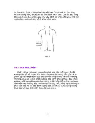 13
ba lần sẽ trị được chứng đau lưng rất hay. Tuy thuốc trị đau lưng
nhanh chóng hơn, nhưng nó có tính cách nhất thời. Còn trị đau lưng
bằng cách xoa bóp mỗi ngày như vậy bệnh sẽ không tái phát mà còn
ngừa được nhiều chứng bệnh khác phát sinh.
10.- Xoa Bóp Chân:
Chân có hai nơi quan trọng cần phải xoa bóp mỗi ngày. Ðó là
xương đầu gối và huyệt Túc Tam Lý cách nắp xương đầu gối 25cm.
(Hình S) và ở mặt trước của ống quyển (ống chân). Theo y lý Ðông
Phương, đầu gối là nơi phát xuất ra các bệnh phong thấp, đau khớp
xương và là trung khu gây cho xương bị lão hóa. Ðể phòng ngừa các
bệnh tật này thường xảy ra cho người trọng tuổi, hàng ngày chúng ta
phải xoa bóp nó thì bảo đảm xương cốt rắn chắc, vững vàng không
thua sức lực của thời niên thiếu là bao nhiêu.
 