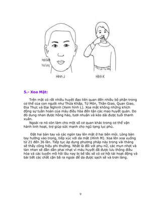 9
5.- Xoa Mặt:
Trên mặt có rất nhiều huyệt đạo liên quan đến nhiều bộ phận trong
cơ thể của con người như Thừa Khấp, Tứ Môn, Thần Giao, Quan Giao,
Ðịa Thực và Ðại Nghinh (Xem hình L). Xoa mặt không những khích
động sự tuần hoàn của máu điều hòa đến tận các mao huyết quản. Do
đó dung nhan được hồng hào, tươi nhuận và kéo dài được tuổi thanh
xuân.
Ngoài ra nó còn làm cho một số cơ quan khác trong cơ thể vận
hành linh hoạt, trợ giúp sức mạnh cho ngũ tạng lục phủ.
Ðặt hai bàn tay và các ngón tay lên mặt ở hai bên mũi. Lòng bàn
tay hướng vào trong, tiếp xúc với da mặt (Hình M). Xoa lên xoa xuống
từ 21 đến 36 lần. Tiếp tục áp dụng phương pháp này trong vài tháng
sẽ thấy công hiệu phi thường. Nhất là đối với phụ nữ, các mụn nhọt và
tàn nhan sẽ đần dần phai nhạt vì máu huyết đã được lưu thông điều
hòa và các tuyến mồ hôi lâu nay bị bế tắc sẽ có cơ hội tái hoạt động và
bài tiết các chất cặn bã ra ngoài để da được sạch sẽ và trơn láng.
 