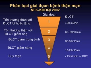 Phaân loïai giai ñoïan beänh thaän maïn
NFK-KDOQI 2002
ÑLCT
>90 ml/min
60- 89ml/min
30-59ml/min
15-29ml/min
<15ml/ min or RRT
Toån thöông thaän vôùi
ÑLCT bt hoaëc taêng
Toàn thöông thaän vôùi
ÑLCT giaûm nheï
ÑLCT giaûm trung bình
ÑLCT giaûm naëng
Suy thaän
1
2
3
4
5
Giai ñoïan
 