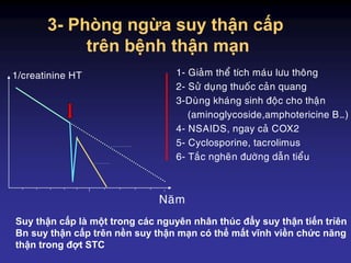 3- Phòng ngừa suy thận cấp
trên bệnh thận mạn
Naêm
1/creatinine HT 1- Giaûm theå tích maùu löu thoâng
2- Söû duïng thuoác caûn quang
3-Duøng khaùng sinh ñoäc cho thaän
(aminoglycoside,amphotericine B…)
4- NSAIDS, ngay caû COX2
5- Cyclosporine, tacrolimus
6- Taéc ngheõn ñöôøng daãn tieåu
Suy thận cấp là một trong các nguyên nhân thúc đẩy suy thận tiến trỉên
Bn suy thận cấp trên nền suy thận mạn có thể mất vĩnh viền chức năng
thận trong đợt STC
 