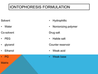 IONTOPHORESIS FORMULATION
Solvent
• Water
Co-solvent
• PEG
• glycerol
• Ethanol
• PG
Matrix
• Hydrophillic
• Nonionizing polymer
Drug salt
• Halide salt
Counter reservoir
• Weak acid
• Weak base
 