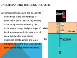 UNDERSTANDING THE DRUG DELIVERY
Sonophoresisor ultrasound can be used to
create holes in the skin for fluids to
travel into or out of the skin. By emitting
sound at a particular frequency, the
sound waves disrupt the lipid-bilayer of
the stratus corneum (outermost layer of
skin which has the most barrier
properties), creating more and larger
microchannels in the skin. Drugs can be
administered through these channels .
 