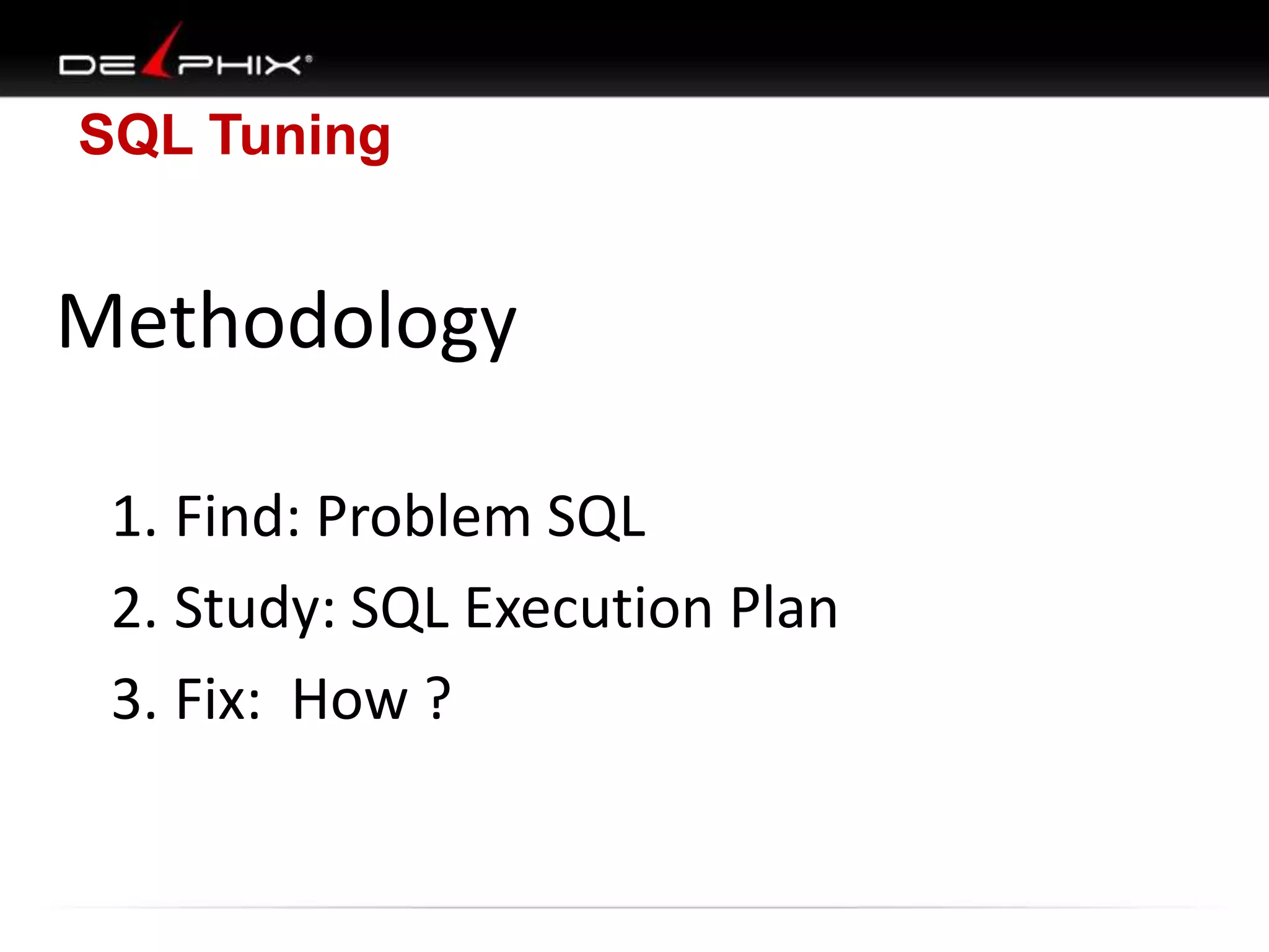 SQL Tuning
Methodology
1. Find: Problem SQL
2. Study: SQL Execution Plan
3. Fix: How ?
 
