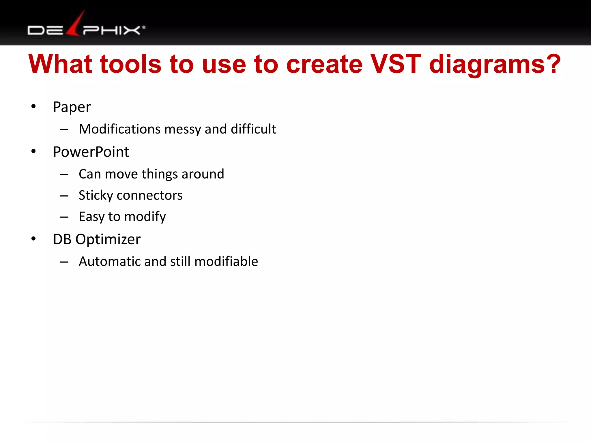 What tools to use to create VST diagrams?
• Paper
– Modifications messy and difficult
• PowerPoint
– Can move things around
– Sticky connectors
– Easy to modify
• DB Optimizer
– Automatic and still modifiable
 
