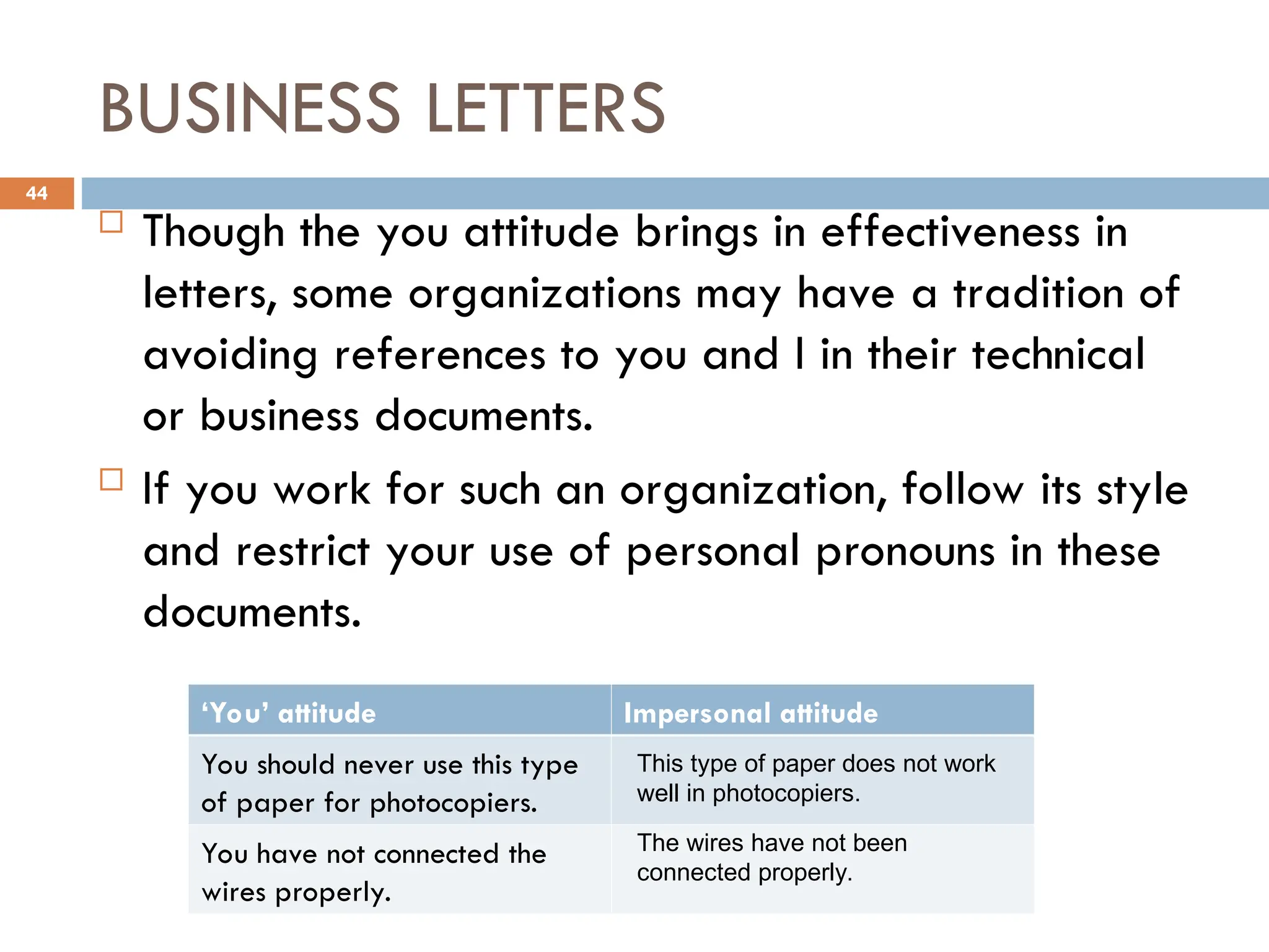 BUSINESS LETTERS
 Though the you attitude brings in effectiveness in
letters, some organizations may have a tradition of
avoiding references to you and I in their technical
or business documents.
 If you work for such an organization, follow its style
and restrict your use of personal pronouns in these
documents.
44
‘You’ attitude Impersonal attitude
You should never use this type
of paper for photocopiers.
You have not connected the
wires properly.
This type of paper does not work
well in photocopiers.
The wires have not been
connected properly.
 