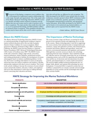 Introduction to MATE’s Knowledge and Skill Guidelines
The process of developing a competent ocean workforce that
is well prepared for employment requires collaborating with
a wide range of people and organizations. One of the major tasks
of the Marine Advanced Technology Education (MATE) Center
is to identify and define marine technical occupations and the
abilities that men and women need in order to perform well in
these occupations. The major product that results from this work
is a set of occupational Knowledge and Skill Guidelines (KSGs)
for technical marine occupations. These guidelines describe what
workers need to know and be able to do in order to perform
their jobs well and they are different for each occupation. The
KSGs developed by the MATE Center include those for marine
technicians, remotely operated vehicle (ROV) technicians, hydro-
graphic survey technicians, aquarists, aquaculture technicians,
oceanographic instrumentation technicians, and operational
marine forecasters. All the KSGs developed by the MATE Center
can be found at www.marinetech.org/marineworkforce, or
printed copies can be requested from the MATE Center.
	
—Deidre Sullivan, MATE Center Director
About the MATE Center
The Marine Advanced Technology Education (MATE) Center
is a national partnership of organizations working to improve
marine technical education and in this way help to prepare
America’s future workforce for ocean occupations. Head-
quartered at Monterey Peninsula College (MPC) in Monterey,
California, the MATE Center has been funded as a National
Science Foundation (NSF) Advanced Technological Education
(ATE) Center of Excellence since 1997. The MATE Center
works with community colleges, high schools, universities,
research institutions, marine industries, professional societies,
and working professionals to facilitate the development of courses
and programs based on industry-established guidelines. In this
way, the Center is working with industry to create an education
system that meets the needs of employers and students, is flexible,
and provides employers with direct access to students. The Center
is also actively working to increase the awareness of ocean-related
careers and provide students, educators, workers, and employers
with up-to-date information to assist them in making informed
choices concerning their education and future.
The Importance of MarineTechnology
The ocean economy is large and diverse, accounting for twenty
percent of our national economy and supporting one in six jobs
in the country. Marine technology plays a vital role in supporting
the ocean economy, from national security to transportation and
commerce, energy and exploration activities, telecommunications,
recreation and tourism, fisheries and aquaculture, search and
recovery, environmental assessment and regulation, and research.
Although these economic sectors are diverse, the technology
supporting them has many similarities. These similarities include
the collection and use of remotely sensed data; the use of advanced
computing systems, such as GIS, for organizing and managing
data; and the use of electronics and microelectronics for power,
controls, and miniaturization in a remote, harsh environment.
The need for highly qualified technical professionals who can
design, build, operate, and maintain this technology has never
been greater. A concerted effort is required to ensure that our
workforce is prepared for an economy currently and increasingly
dependent on ocean activities and the technologies that make
these activities feasible.
2
MATE Strategy for Improving the MarineTechnical Workforce
PRODUCTS DESCRIPTION
Needs identification List of critical workforce needs from employer queries
Occupational definitions Employer recognized occupational categories
Occupational knowledge and skill guidelines Employee identified knowledge and skills for specific occupations
Competencies Knowledge and skills grouped by subject area
Instructional materials and services Competency-based assessments, modules, courses, faculty development
workshops, competitions, and internships
Educational programs Degree and certificate programs aligned with workforce needs
Career management programs Job placement programs, professional development courses
 