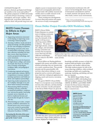 20
physical, chemical, geological and biologi-
cal variables in the ocean and seafloor.”4
The global component of OOI will include
a network of buoys measuring a variety of
atmospheric and oceanic variables. On a
regional scale, ocean floor observatories
cabled to shore will provide long term and
adaptive access to measurements of geo-
logical and oceanographic phenomena.
Coastal nodes will combine moored and
mobile assets to enable research in the
complex coastal environment.
	 These exciting new developments
in ocean observing systems will require
the services of many oceanographic
instrumentation technicians who will
need to be knowledgeable about a range
of instruments and platforms and how
to install, maintain and operate them in
often harsh, remote ocean environments.
knowledge and skills necessary to help their
students build and deploy ocean drifters
and analyze and visualize collected data.
This helps students prepare for jobs in the
ocean observing workforce, where technical
knowledge and skills such as gathering,
analyzing, visualizing, and sharing real-time
data are essential.
	 The MATE Ocean Drifter Project
was launched in 2009, with funding from
NSF and technical assistance from NOAA
(NEFSC & SWFSC) and COSEE-NOW
(Centers for Ocean Sciences Education
Excellence-Networked Ocean World,
http://coseenow.net).
MATE’s Ocean Drifter
Project illustrates its commit-
ment to helping community
colleges and universities
meet the demands of the
rapidly evolving ocean
observing system (OOS)
workforce. The project
helps high schools, commu-
nity colleges, and universities
develop curriculum and
activities that incorporate
ocean observing and data
collection technologies
that are critical to the OOS
workforce.
	 Ocean drifters are floating platforms
equipped with sensors and satellite commu-
nication technology that can transmit data
on a nearly continuous basis. They provide
scientists and the general public with
real-time observations relating to ocean
properties such as currents and tempera-
ture, which have widespread applications in
shipping, search and recovery, recreation,
and science.
	 The goal of MATE’s Ocean Drifter
Project is to incorporate ocean technology,
real-time data collection, and data sharing
into the curriculum. Faculty participants
in the Ocean Drifter Project are given the
MATE Center
Monterey Peninsula College
980 Fremont Street
Monterey, CA 93940
Ph (831) 645-1393 
Fx (831) 646-3080
admin@marinetech.org 
www.marinetech.org
Knowledge and Skill Guidelines for
Oceanographic Instrumentation
Technician
Managing Editor: Deidre Sullivan
Copy Editors: Caroline Brown, Jill Zande
ContributingWriters: Leslie Rosenfeld,
Deidre Sullivan, Shawn Smith,
Tom Murphree
1.	Supporting institutions interested
in developing or improving ocean
technology-related programs.
2.	Assessing workforce needs and devel-
oping knowledge and skill guidelines
for new and emerging occupations.
3.	Developing curricula in the areas
of submersible technology, marine
data collection including real-time
data (ocean observing systems),
marine geospatial technology, and
career awareness.
4.	Offering professional development
for high school, college, and univer-
sity faculty that focus on a broad
array of marine technologies,
workplace skills, and pedagogical
innovations.
5.	Conducting regional and interna-
tional underwater robotics (ROVs)
competitions to increase students’
learning experiences and build aca-
demic and employer partnerships.
6.	Improving student preparation for
the workplace through at-sea and
shore-based technical internships.
7.	Disseminating MATE products,
including curricula, textbooks,
occupational guidelines, competen-
cies, and process guides (internship
manuals, survey materials, etc.)
both in traditional formats and
electronically though the Center’s
web site.
8.	Disseminating up-to-date, compre-
hensive workforce information via
OceanCareers.com (www.oceanca-
reers.com) created in partnership
with the Centers for Ocean Sciences
Education Excellence (COSEE)
Increasing the diversity of the ocean-
related workforce is an overarching
goal of the Center’s work.
MATE Center Focuses
its Efforts in Eight
Major Areas:
Students from Cape Fear Community College of Wilmington,
NC launch a drifter that collects real-time information about
ocean currents.
The white dots above represent the path Cape Fear
Community College’s drifter followed in the Gulf
Stream (displayed in Google Earth.)
Ocean Drifter Project Provides OOS Workforce Skills
CapeFearCommunityCollege
(continued from page 18)
4 http://www.oceanleadership.org/
programs-and-partnerships/ocean-observing/ooi/
MATECenter
 
