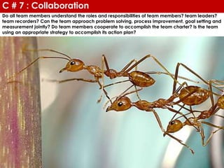 Do all team members understand the roles and responsibilities of team members? team leaders?
team recorders? Can the team approach problem solving, process improvement, goal setting and
measurement jointly? Do team members cooperate to accomplish the team charter? Is the team
using an appropriate strategy to accomplish its action plan?
C # 7 : Collaboration
 