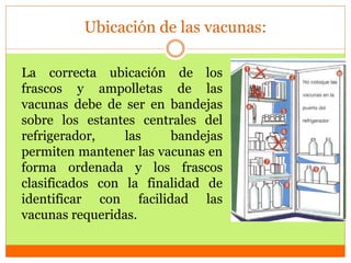 Ubicación de las vacunas:
La correcta ubicación de los
frascos y ampolletas de las
vacunas debe de ser en bandejas
sobre los estantes centrales del
refrigerador, las bandejas
permiten mantener las vacunas en
forma ordenada y los frascos
clasificados con la finalidad de
identificar con facilidad las
vacunas requeridas.
 