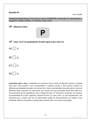 Questão 02
                                                                                         Item: AL0455

Professor(a)/Aplicador(a): leia para os alunos SOMENTE a instrução em que aparece o
megafone. Repita a leitura, no máximo, duas vezes.

Observe a letra.

                                            P
Faça         um X no quadradinho da letra igual à que você viu.


(A)       d



(B)       g


(C)       p


(D)       q



Comentário sobre o item: A habilidade de reconhecer letras escritas de diferentes formas é avaliada
nesse item. Para escolher o item correspondente à resposta correta, o aluno precisa conhecer as
diferentes possibilidades de grafar uma mesma letra. Essa é uma habilidade necessária para a leitura de
diferentes textos, impressos ou manuscritos, que circulam em nossa sociedade. Neste item avalia-se o
reconhecimento da correspondência entre o traçado da letra “P” maiúscula e minúscula. Por exemplo,
há possibilidade de o aluno confundir o desenho da letra “p” com a letra “q”, pelo espelhamento. Isso
demonstra que a criança está em um determinado estágio de desenvolvimento em relação à essa
habilidade. Diferente de quando a criança ainda confunde letras com outros sinais gráficos.




                                                  11
                                                                                          2ºS/2010-Teste02
 