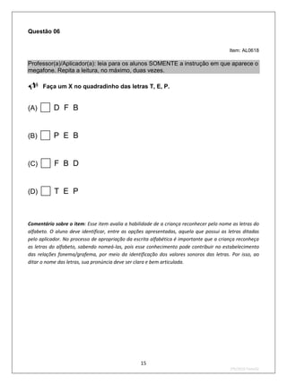 Questão 06


                                                                                        Item: AL0618

Professor(a)/Aplicador(a): leia para os alunos SOMENTE a instrução em que aparece o
megafone. Repita a leitura, no máximo, duas vezes.

Faça um X no quadradinho das letras T, E, P.

(A)   D F B
(B)   P E B
(C)   F B D
(D)   T E P
Comentário sobre o item: Esse item avalia a habilidade de a criança reconhecer pelo nome as letras do
alfabeto. O aluno deve identificar, entre as opções apresentadas, aquela que possui as letras ditadas
pelo aplicador. No processo de apropriação da escrita alfabética é importante que a criança reconheça
as letras do alfabeto, sabendo nomeá-las, pois esse conhecimento pode contribuir no estabelecimento
das relações fonema/grafema, por meio da identificação dos valores sonoros das letras. Por isso, ao
ditar o nome das letras, sua pronúncia deve ser clara e bem articulada.




                                                 15
                                                                                        2ºS/2010-Teste02
 