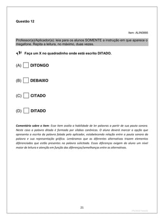 Questão 12


                                                                                     Item: ALIN0866

Professor(a)/Aplicador(a): leia para os alunos SOMENTE a instrução em que aparece o
megafone. Repita a leitura, no máximo, duas vezes.

Faça um X no quadradinho onde está escrito DITADO.

(A)      DITONGO


(B)      DEBAIXO


(C)       CITADO


(D)       DITADO


Comentário sobre o item: Esse item avalia a habilidade de ler palavras a partir de sua pauta sonora.
Neste caso a palavra ditada é formada por sílabas canônicas. O aluno deverá marcar a opção que
apresenta a escrita da palavra falada pelo aplicador, estabelecendo relação entre a pauta sonora da
palavra e sua representação gráfica. Lembramos que as diferentes alternativas trazem elementos
diferenciados que estão presentes na palavra solicitada. Essas diferenças exigem do aluno um nível
maior de leitura e atenção em função das diferenças/semelhanças entre as alternativas.




                                                21
                                                                                       2ºS/2010-Teste02
 