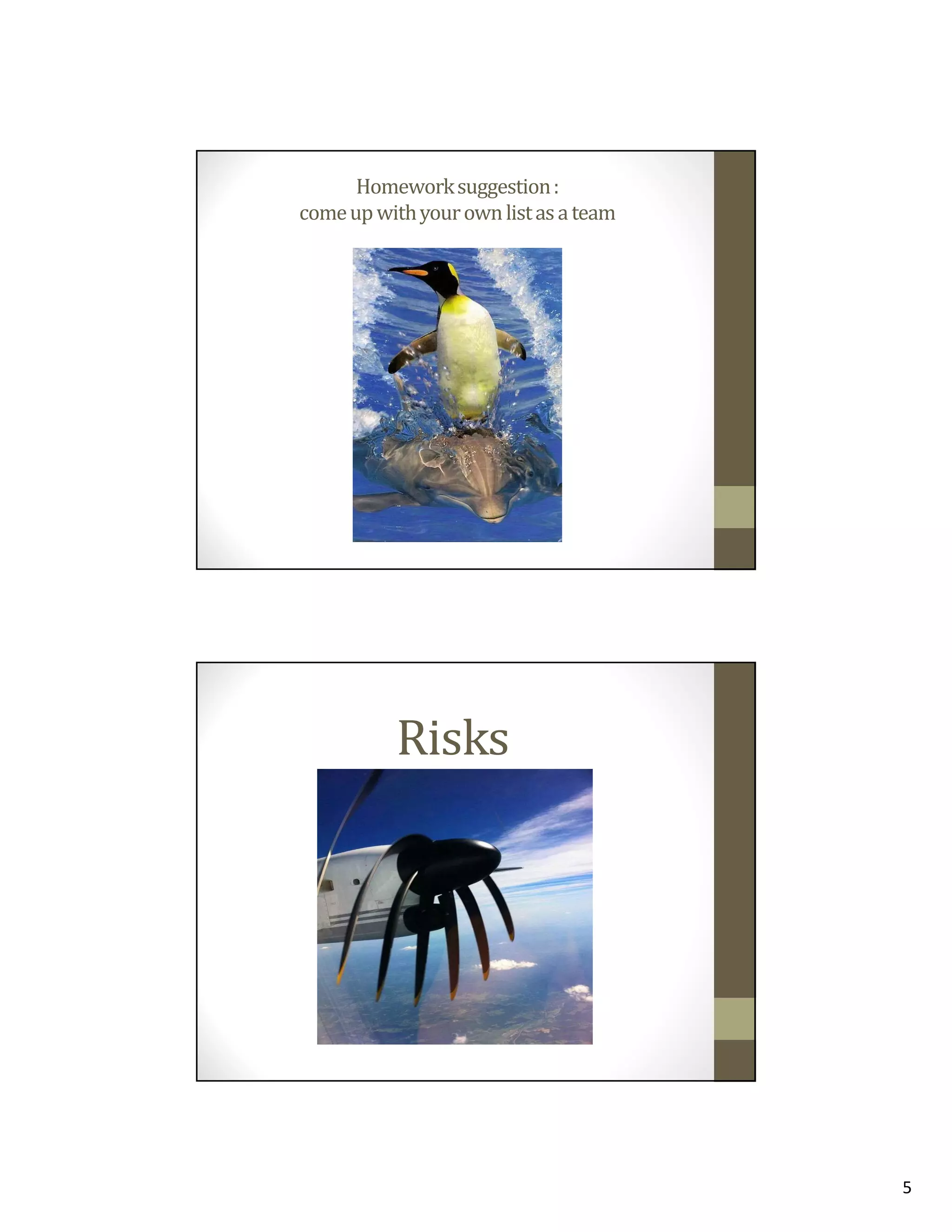 Homework suggestion :
come up with your own list as a team

Risks

5

 