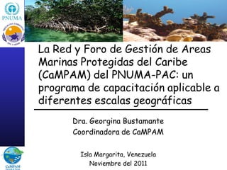 La Red y Foro de Gestión de Areas
Marinas Protegidas del Caribe
(CaMPAM) del PNUMA-PAC: un
programa de capacitación aplicable a
diferentes escalas geográficas
      Dra. Georgina Bustamante
      Coordinadora de CaMPAM

        Isla Margarita, Venezuela
           Noviembre del 2011
 