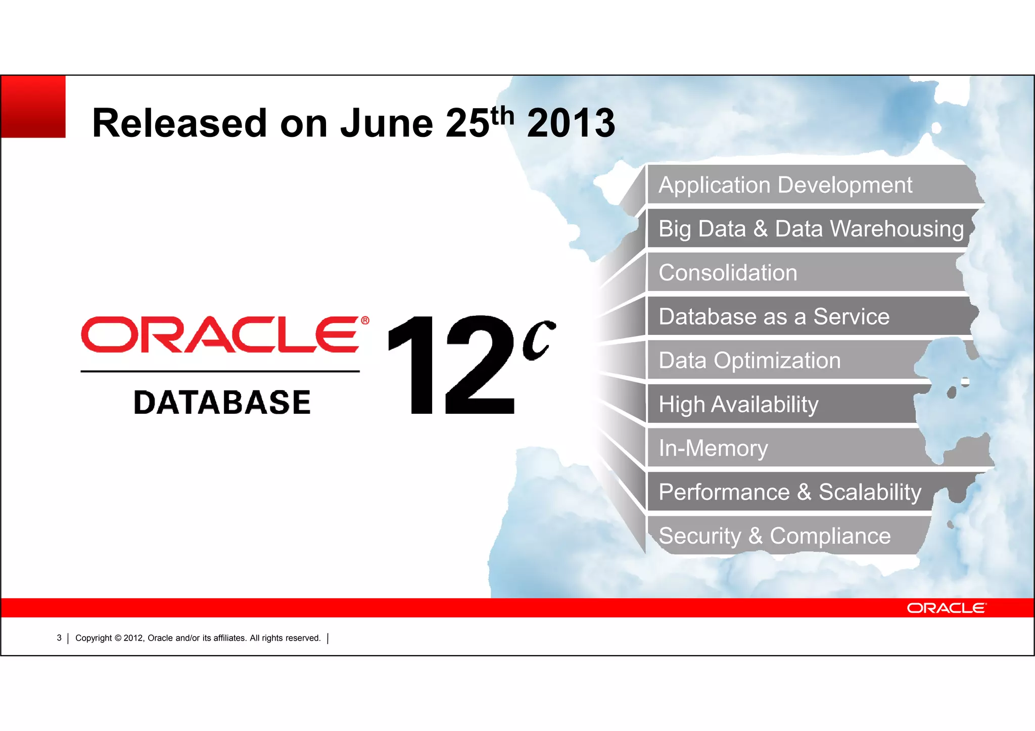 Copyright © 2012, Oracle and/or its affiliates. All rights reserved.3 Security & Compliance Big Data & Data Warehousing Consolidation Database as a Service Application Development High Availability In-Memory Performance & Scalability Data Optimization Released on June 25th 2013 