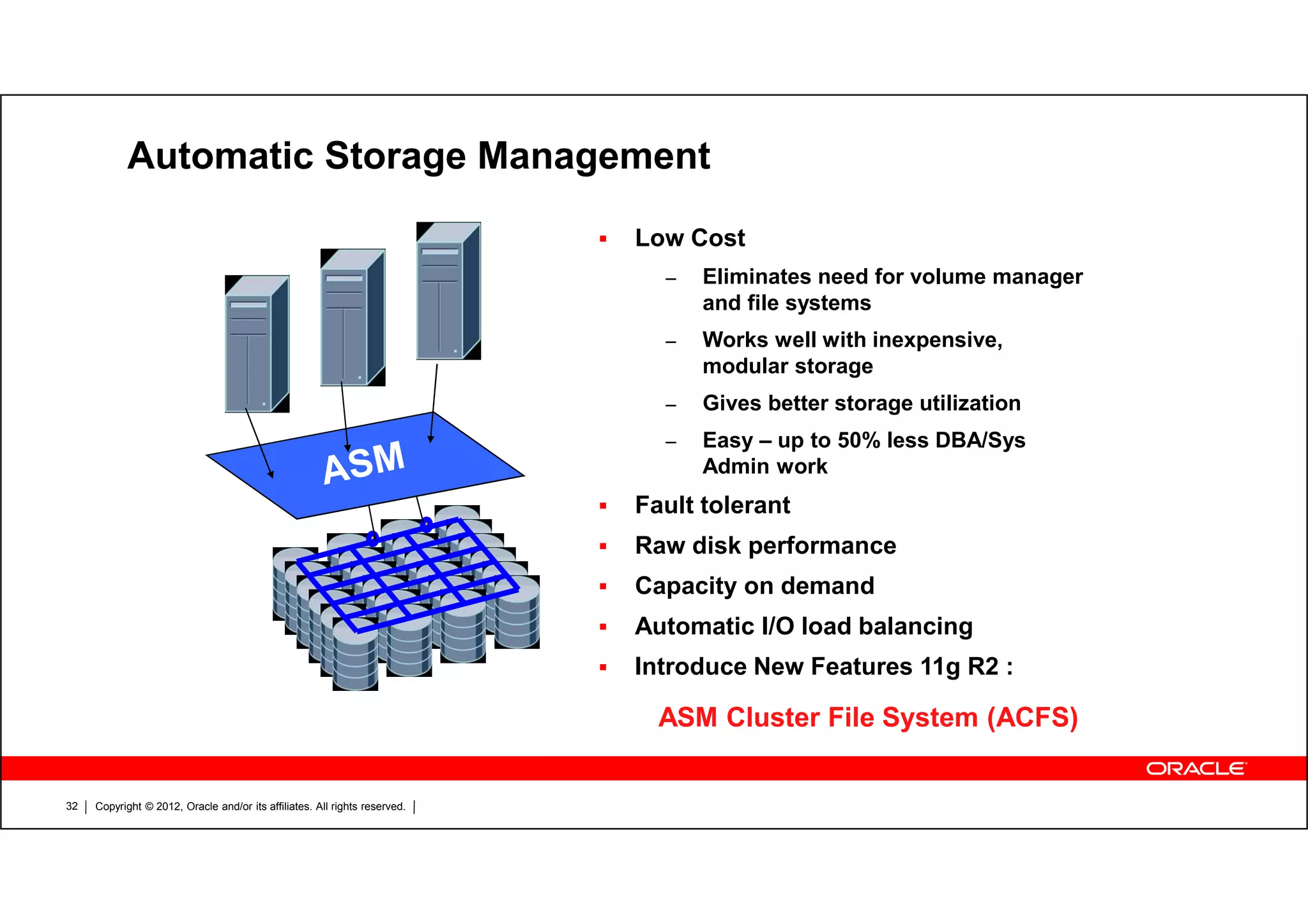 Copyright © 2012, Oracle and/or its affiliates. All rights reserved.32 Automatic Storage Management Low Cost – Eliminates need for volume manager and file systems – Works well with inexpensive, modular storage – Gives better storage utilization – Easy – up to 50% less DBA/Sys Admin work Fault tolerant Raw disk performance Capacity on demand Automatic I/O load balancing Introduce New Features 11g R2 : ASM Cluster File System (ACFS) 