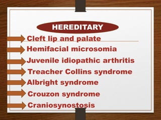 HEREDITARY
Cleft lip and palate
Hemifacial microsomia
Juvenile idiopathic arthritis
Treacher Collins syndrome
Albright syndrome
Crouzon syndrome
Craniosynostosis
 