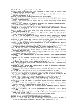 Bello, F. 1954. “The Young Scientists.” Fortune 49: 142–43.
Bereiter, C., and M. B. Freedman, 1962. “Fields of Study and the People in Them.” In N. Sanford (org.),
The American College. Nova Iorque: Wiley.
Bonaparte, M. 1958. “Psychoanalysis in Relation to Social, Religious and Natural Forces.” International
Journal of Psychoanalysis 39: 513–15.
Bonger, W. A. 1943. Race and Crime. Nova Iorque: Columbia University Press.
Boyer, P. 2001. Religion Explained: The Human Instincts That Fashion Gods, Spirits and Ancestors.
Londres: William Heinnemann.
Caplovitz, D., and F. Sherrow, 1977. The Religious Drop-outs: Apostasy among College Students. Beverly
Hills, Calif.: Sage.
Dudley, R. L. 1987. “Alienation from Religion in Adolescents from Fundamentalist Religious Homes.”
Journal for the Scientific Study of Religion 17: 389–98.
Eisenstadt, M. 1989. Parental Loss and Achievement. Nova Iorque: International Universities Press.
Feigelman, W., B. S. Gorman, and J. A. Varacalli. 1992. “Americans Who Give Up Religion.” Sociology
and Social Research 76: 138–44.
Glenn, N. D., and D. Weiner. 1969. “Some Trends in the Social Origins of American Sociologists.”
American Sociologist 4: 291–302.
Goldsen, R. K., M. Rosenberg, R. M. Williams, Jr., and E. A. Suchman. 1960. What College Students
Think. Princeton, N.J.: D. Van Nostrand.
Grupp, F. W., Jr., and W. M. Newman. 1973. “Political Ideology and Religious Preference: The John Birch
Society and Americans for Democratic Action.” Journal for the Scientific Study of Religion 12: 401–
13.
Hadaway, C. K., and C. D. Roof. 1988. “Apostasy in American Churches: Evidence from National Survey
Data. In D. G. Bromley (org.), Falling from the Faith. Newbury Park, Calif.: Sage.
Hamilton, R. F. 1968. “A Research Note on the Mass Support for ‘tough’ Military Initiatives.” American
Sociological Review 33: 439–45.
Hartmann, R. T., and R. E. Peterson. 1968. “Religious Preference as a Factor in Attitudinal and
Background Differences among College Freshman.” Sociology of Education 41: 227–37.
Henry, E. R., J. H. Sims, and S. L. Spray. 1971. The Fifth Profession. San Francisco: Jossey-Bass.
Hoge, D. 1974. Commitment on Campus: Changes in Religion and Values over Five Decades.
Philadelphia: Westminster Press.
Homans, P. 1982. “A Personal Struggle with Religion: Significant Fact in the Lives and Work of the First
Psychologists.” Journal of Religion 62: 128–44.
Hunsberger, B. E. 1980. “A Reexamination of the Antecedents of Apostasy.” Review of Religious Research
21: 158–70.
Hunsberger, B. E. 1983. “Apostasy: A Social Learning Perspective.” Review of Religious Research 25: 21–
38.
Hunsberger, B. E., and L. B. Brown. 1984. “Religious Socialization, Apostasy, and the Impact of Family
Background.” Journal for the Scientific Study of Religion 23: 239–51.
Jones, V. 1970. “Attitudes of College Students and Their Changes: A 37-Year Study.” Genetic Psychology
Monographs 81: 3–80.
Kirkpatrick, C. 1949. “Religion and Humanitarianism: A Study of Institutional Implications.”
Psychological Monographs, 63, n.º 309.
Kirkpatrick, L. A. 2005. Attachment, Evolution, and the Psychology of Religion. Nova Iorque: Guilford
Publications.
Kosa, J. 1969. “The Medical Student: His Career and Religion.” Hospital Progress 50: 51–53.
Kristeva, J. 1991. Black Sun: Depression and Melancholia. Nova Iorque: Columbia University Press.
Lally, J. J. 1975. “Selection as an Interactive Process: The Case of Catholic Psychoanalysts and
Psychiatrists.” Social Science and Medicine 9: 157–64.
Larson, E. J., and L. Witham. 1997. “Scientists Are Still Keeping the Faith.” Nature 386: 435–36.
Larson, E. J., and L.Witham. 1998. “Leading Scientists Still Reject God.” Nature 394: 313.
Leavy, S. A. 1988. In the Image of God: A Psychoanalyst’s View. New Haven: Yale University Press.
Lehman, E. C., Jr. 1972. “The Scholarly Perspective and Religious Commitment.” Sociological Analysis
33: 199–216.
Lehman, E. C., Jr. 1974. “Academic Discipline and Faculty Religiosity in Secular and Church-Related
Colleges.” Journal for the Scientific Study of Religion 13: 205–20.
Lehman, E. C., Jr., and D. W. Shriver. 1968. “Academic Discipline as Predictive of Faculty Religiosity.”
Social Forces 47: 171–82.
Lehman, H. C., and P. A.Witty. 1931 “Scientific Eminence and Church Membership.” Scientific Monthly
33: 544–49.
Leuba, J. H. 1916. Belief in God and Immortality: A Psychological, Anthropological and Statistical
Study. Boston: Sherman & French.
Leuba, J. H. 1934. “Religious Beliefs of American Scientists.” Harper’s 169: 292–300.
Lombroso, C. 1911. Crime: Its Causes and Remedies. Londres: Heinemann.
Maslow, A. H. 1970. Motivation and Personality. Nova Iorque: Harper & Row.
Mixon, S. L., L. Lyon, and M. Beaty. 2004. “Secularization and National Universities: The Effect of
Religious Identity on Academic Reputation.” Journal of Higher Education 75: 400–419.
 