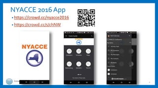 NYACCE 2016 App
• https://crowd.cc/nyacce2016
• https://crowd.cc/s/chNW
2
 