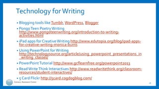 Technology forWriting
• Blogging tools likeTumblr, WordPress, Blogger
• PongoTeen PoetryWriting
http://www.pongoteenwritin...