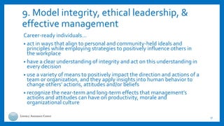 9. Model integrity, ethical leadership, &
effective management
Career-ready individuals…
• act in ways that align to perso...