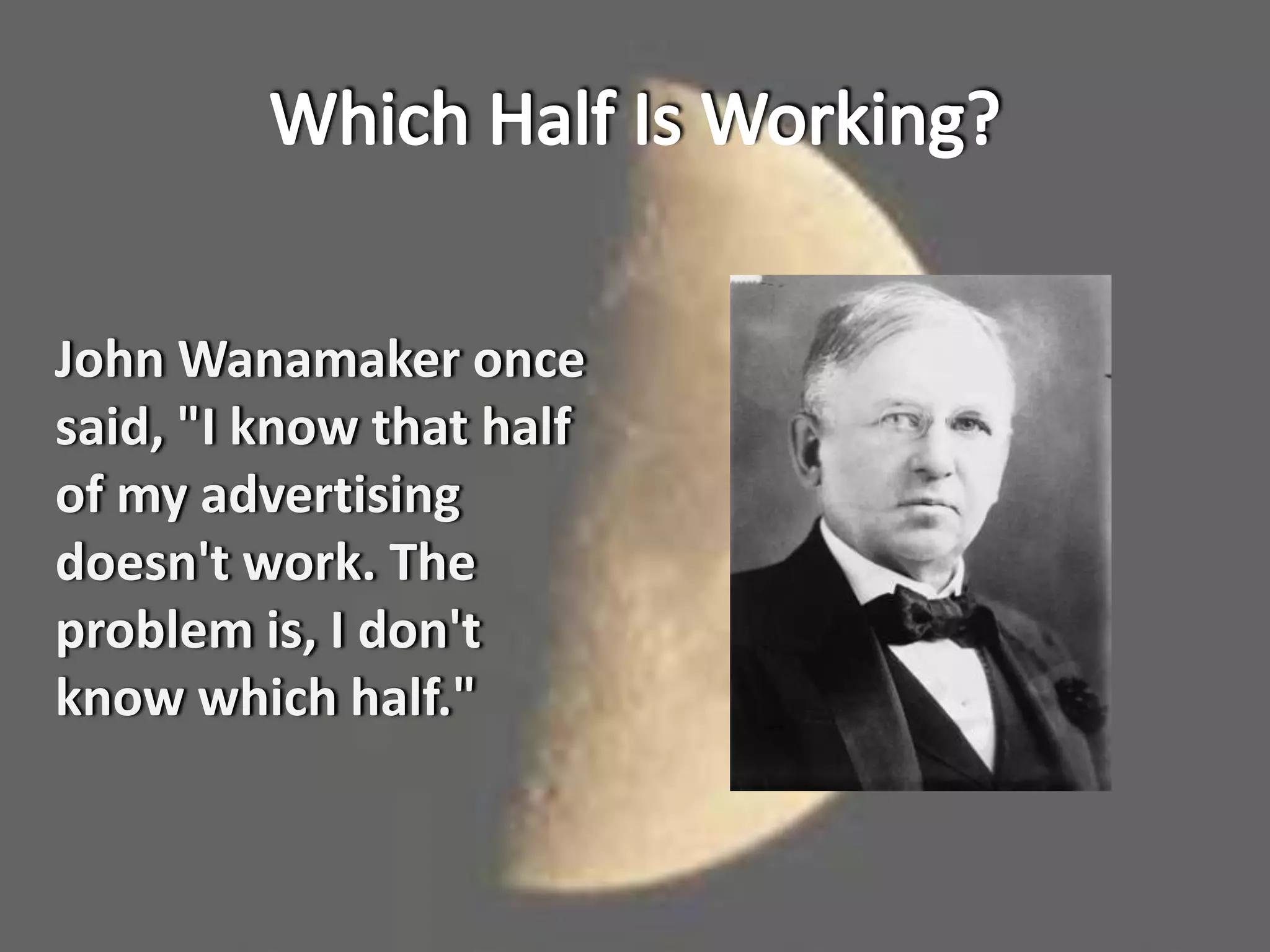 John Wanamaker once
said, "I know that half
of my advertising
doesn't work. The
problem is, I don't
know which half."
 