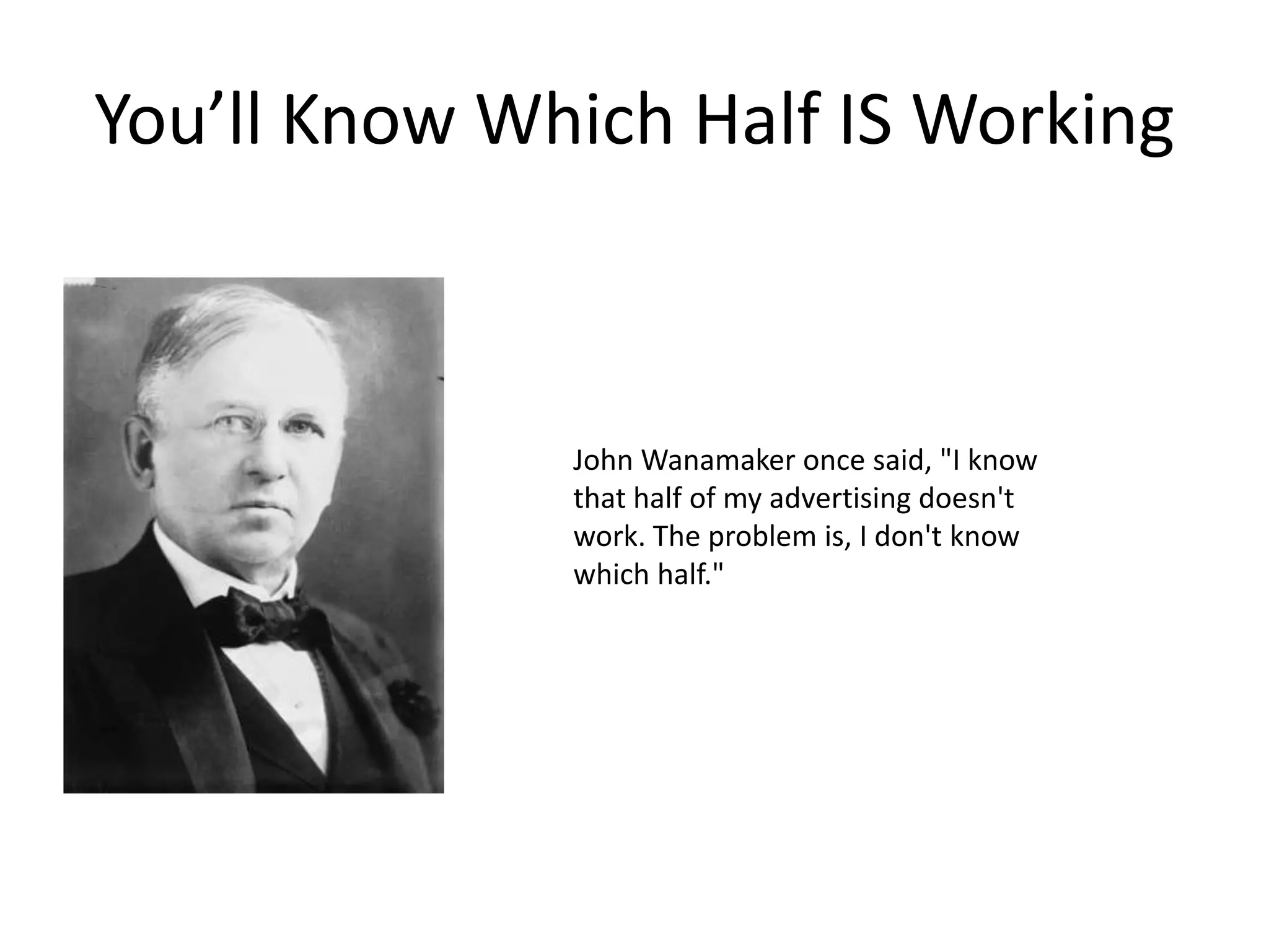 You’ll Know Which Half IS Working
John Wanamaker once said, "I know
that half of my advertising doesn't
work. The problem is, I don't know
which half."
 