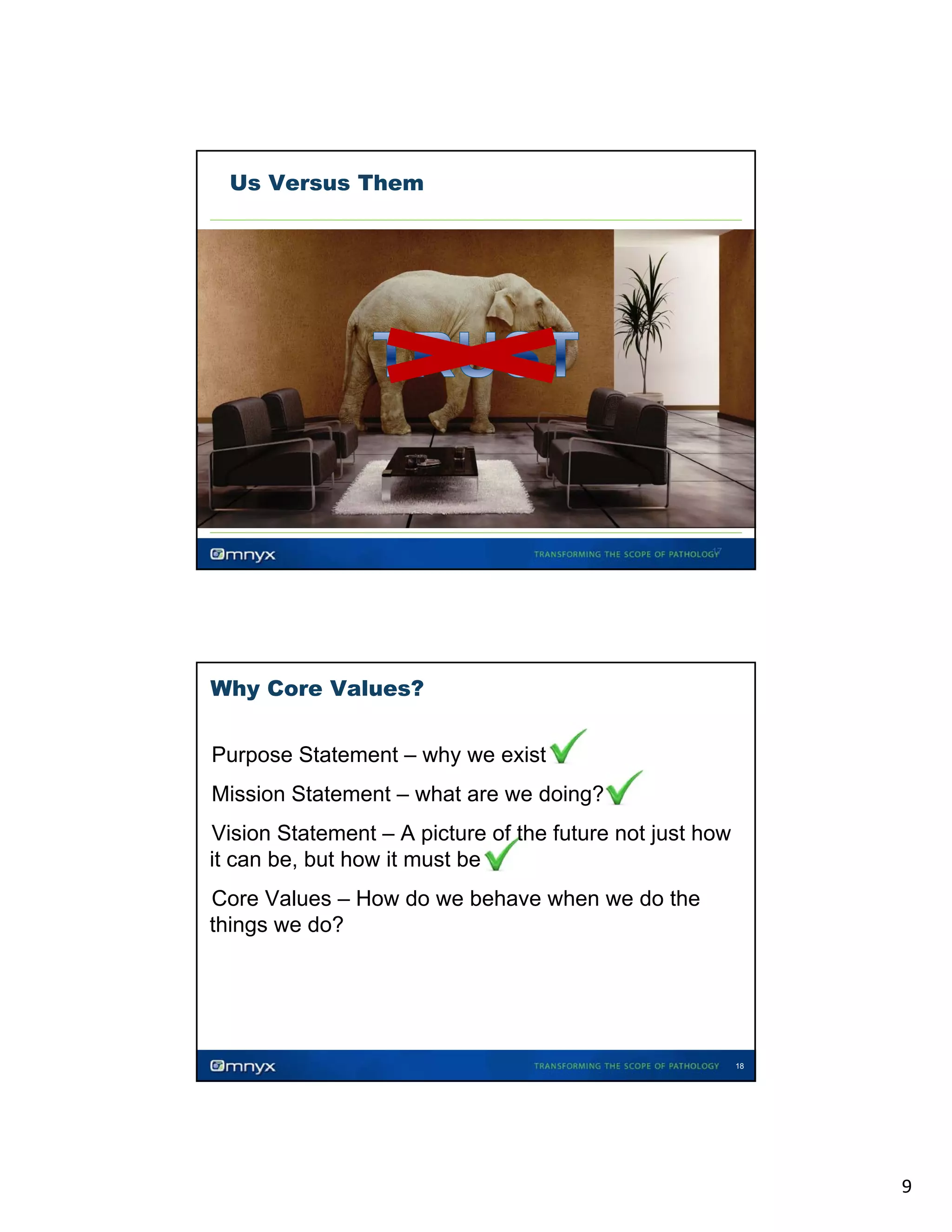 Us Versus Them

17

Why Core Values?

•

•

Purpose Statement – why we exist
Mission Statement – what are we doing?
g

Vision Statement – A picture of the future not just how
it can be, but how it must be

•

Core Values – How do we behave when we do the
things we do?

•

18

9

 