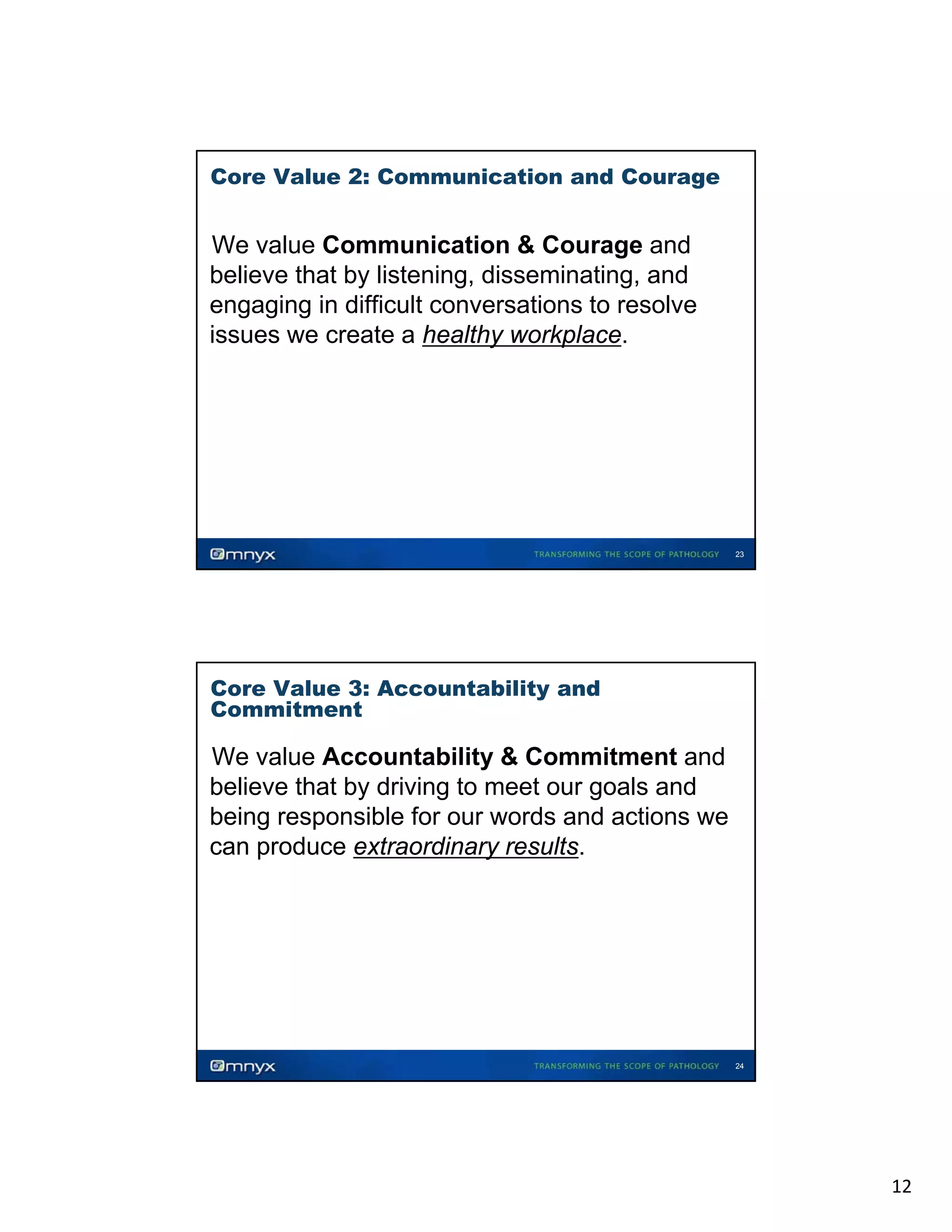 Core Value 2: Communication and Courage

We value Communication & Courage and
believe that by listening, disseminating, and
engaging in difficult conversations to resolve
issues we create a healthy workplace.
•

23

Core Value 3: Accountability and
Commitment

We value Accountability & Commitment and
believe that by driving to meet our goals and
being responsible for our words and actions we
can produce extraordinary results.
•

24

12

 