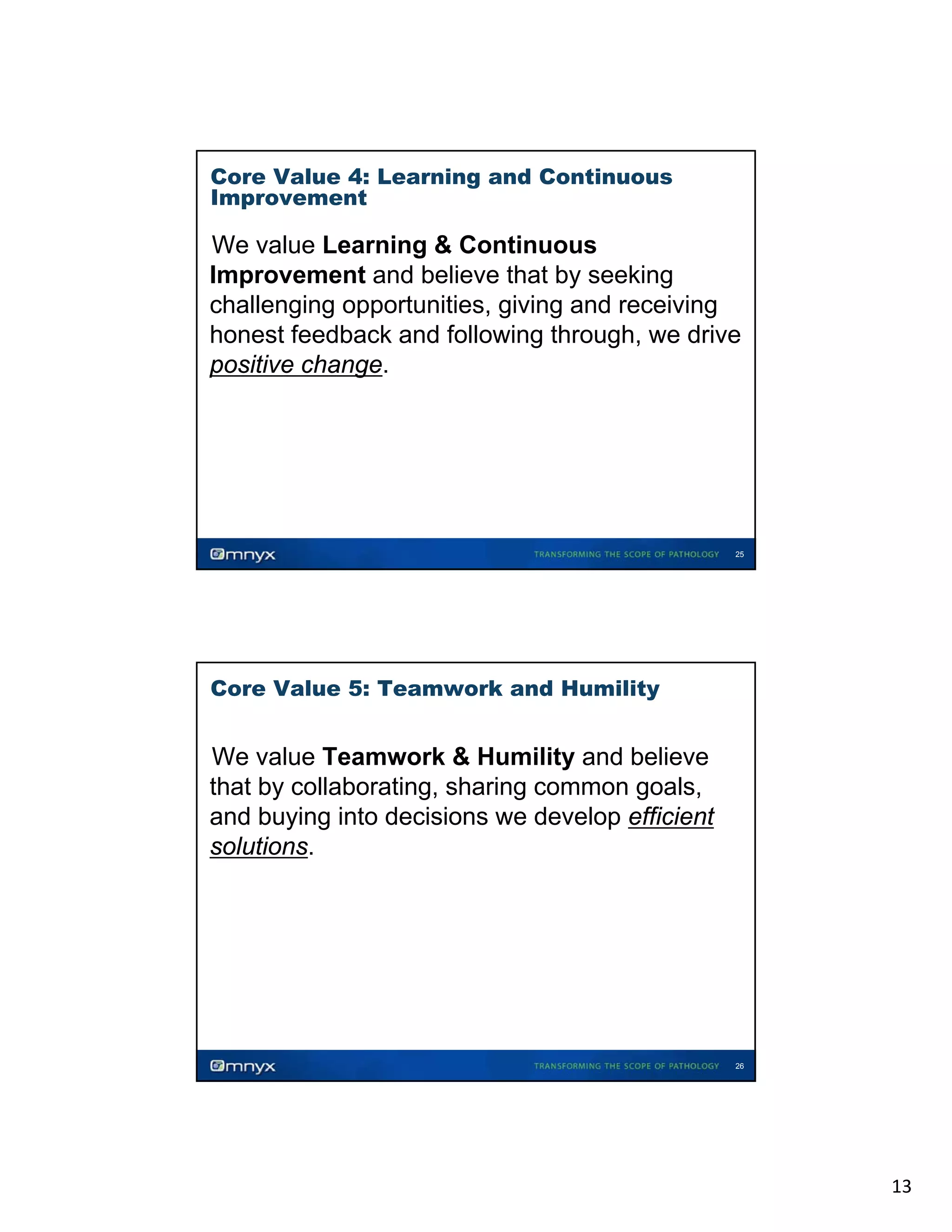 Core Value 4: Learning and Continuous
Improvement

We value Learning & Continuous
Improvement and believe that by seeking
challenging opportunities, giving and receiving
honest feedback and following through, we drive
positive change.
•

25

Core Value 5: Teamwork and Humility

We value Teamwork & Humility and believe
that by collaborating, sharing common goals,
and buying into decisions we develop efficient
solutions.
•

26

13

 