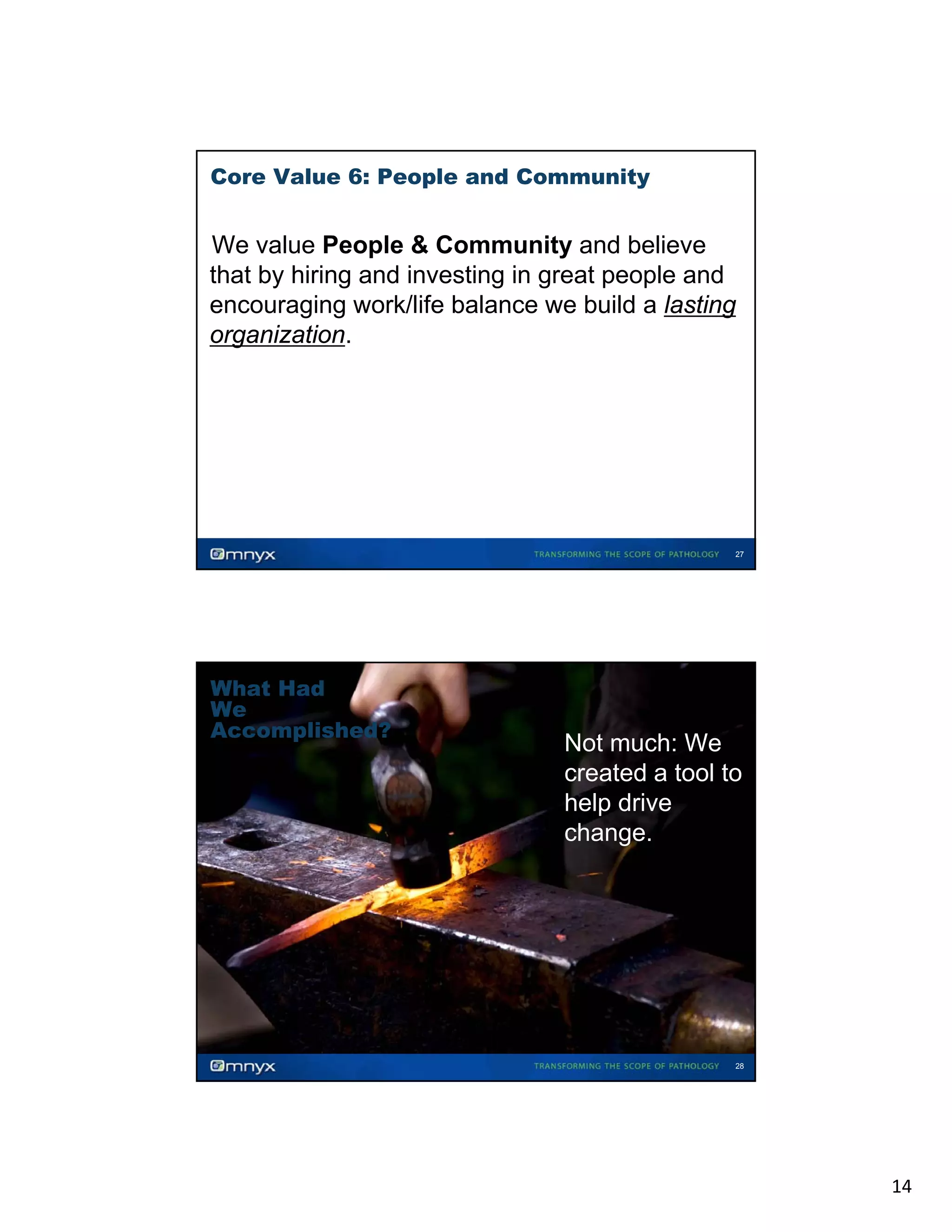 Core Value 6: People and Community

We value People & Community and believe
that by hiring and investing in great people and
encouraging work/life balance we build a lasting
organization.
•

27

What Had
We
Accomplished?

Not much: We
created a tool to
help drive
change.

28

14

 