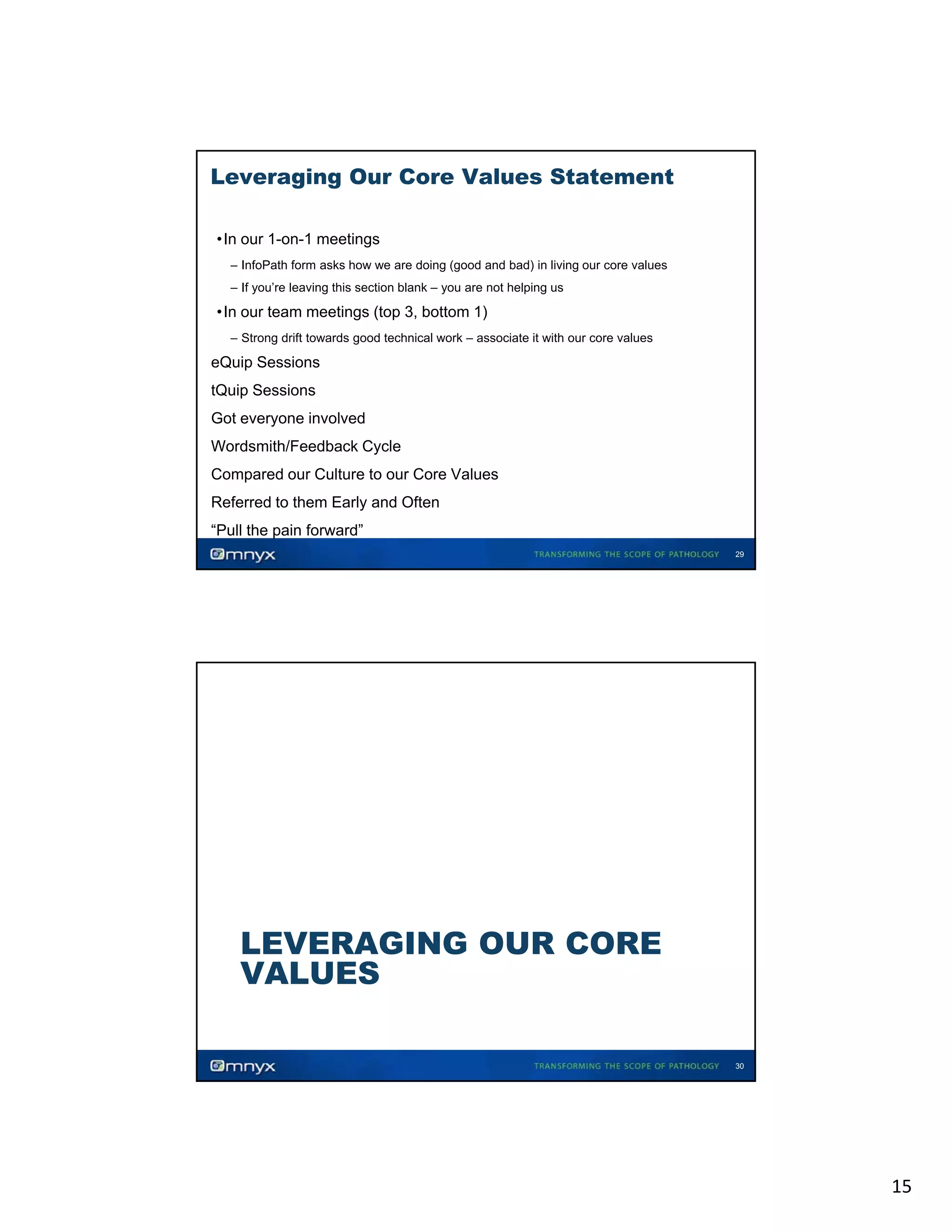 Leveraging Our Core Values Statement
•In our 1-on-1 meetings
– InfoPath form asks how we are doing (good and bad) in living our core values
– If you re leaving this section blank – you are not helping us
you’re

•In our team meetings (top 3, bottom 1)
– Strong drift towards good technical work – associate it with our core values
•

•

•

•

•

•

•

eQuip Sessions
tQuip Sessions
Got everyone involved
Wordsmith/Feedback Cycle
Compared our Culture to our Core Values
Referred to them Early and Often
“Pull the pain forward”
29

LEVERAGING OUR CORE
VALUES
30

15

 