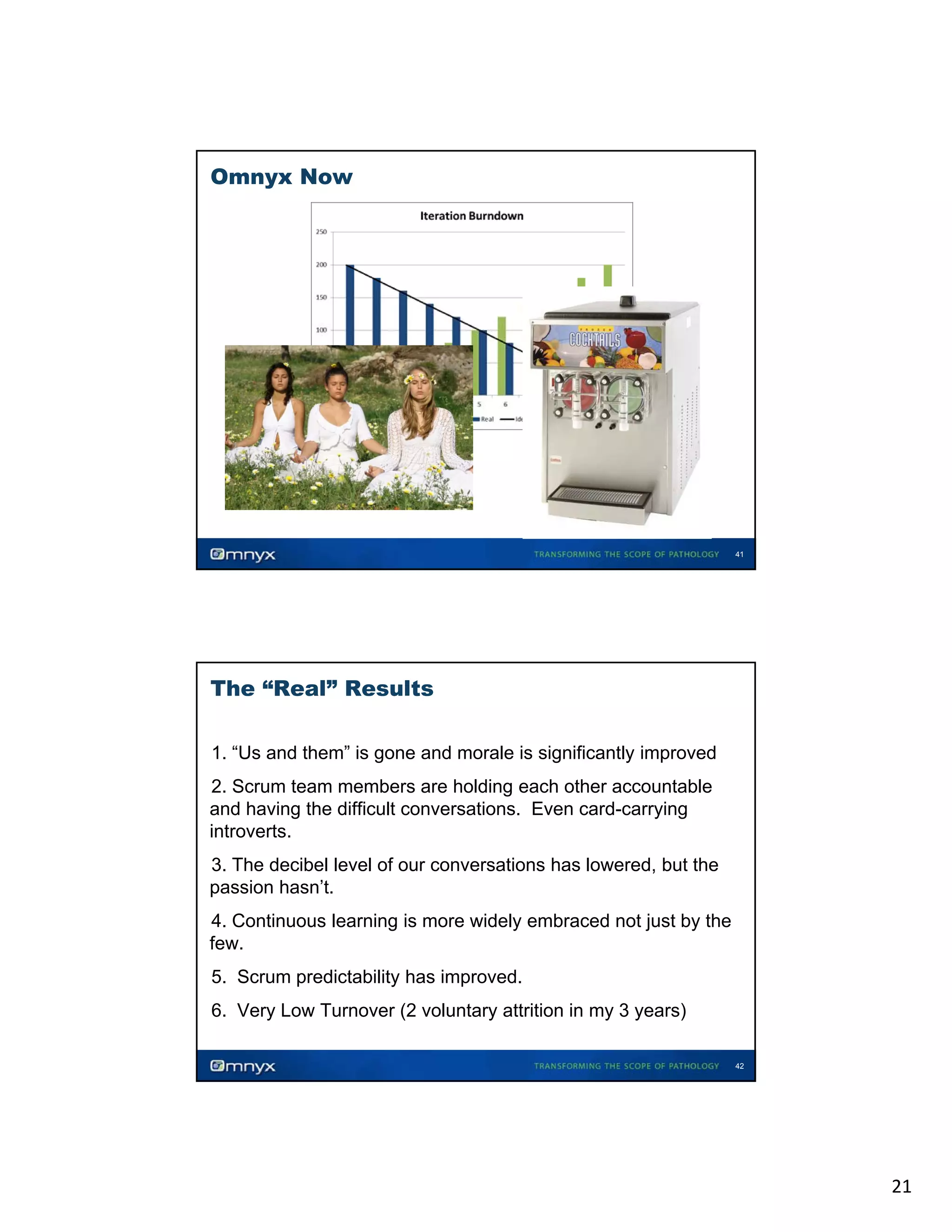 Omnyx Now

41

The “Real” Results
•

1. “Us and them” is gone and morale is significantly improved

2. Scrum team members are holding each other accountable
and h i the diffi l conversations. Even card-carrying
d having h difficult
i
E
d
i
introverts.
•

3. The decibel level of our conversations has lowered, but the
passion hasn’t.
•

4. Continuous learning is more widely embraced not just by the
few.
few
•

•

•

5. Scrum predictability has improved.
6. Very Low Turnover (2 voluntary attrition in my 3 years)
42

21

 