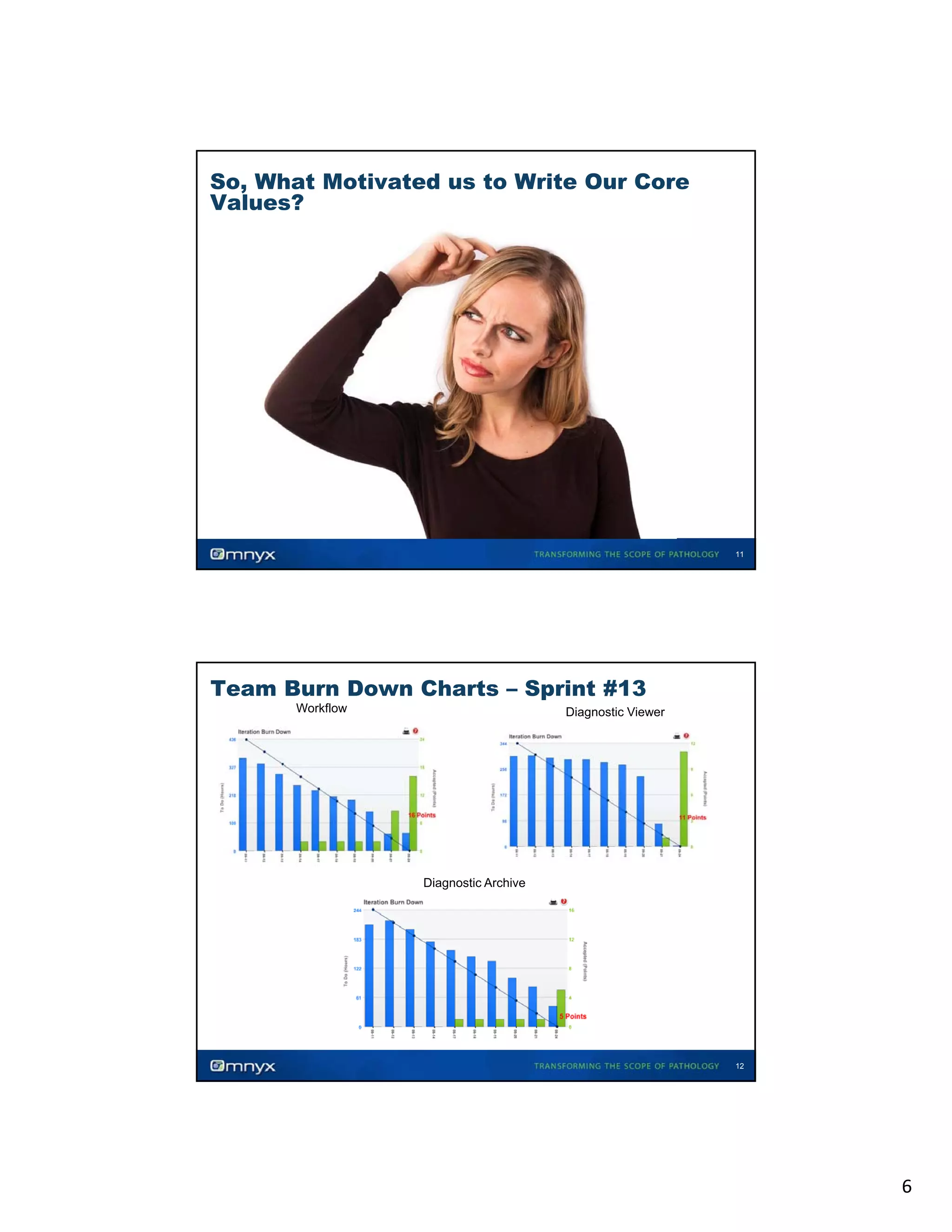 So, What Motivated us to Write Our Core
Values?

11

Team Burn Down Charts – Sprint #13
Workflow

Diagnostic Viewer

Diagnostic Archive

12

6

 
