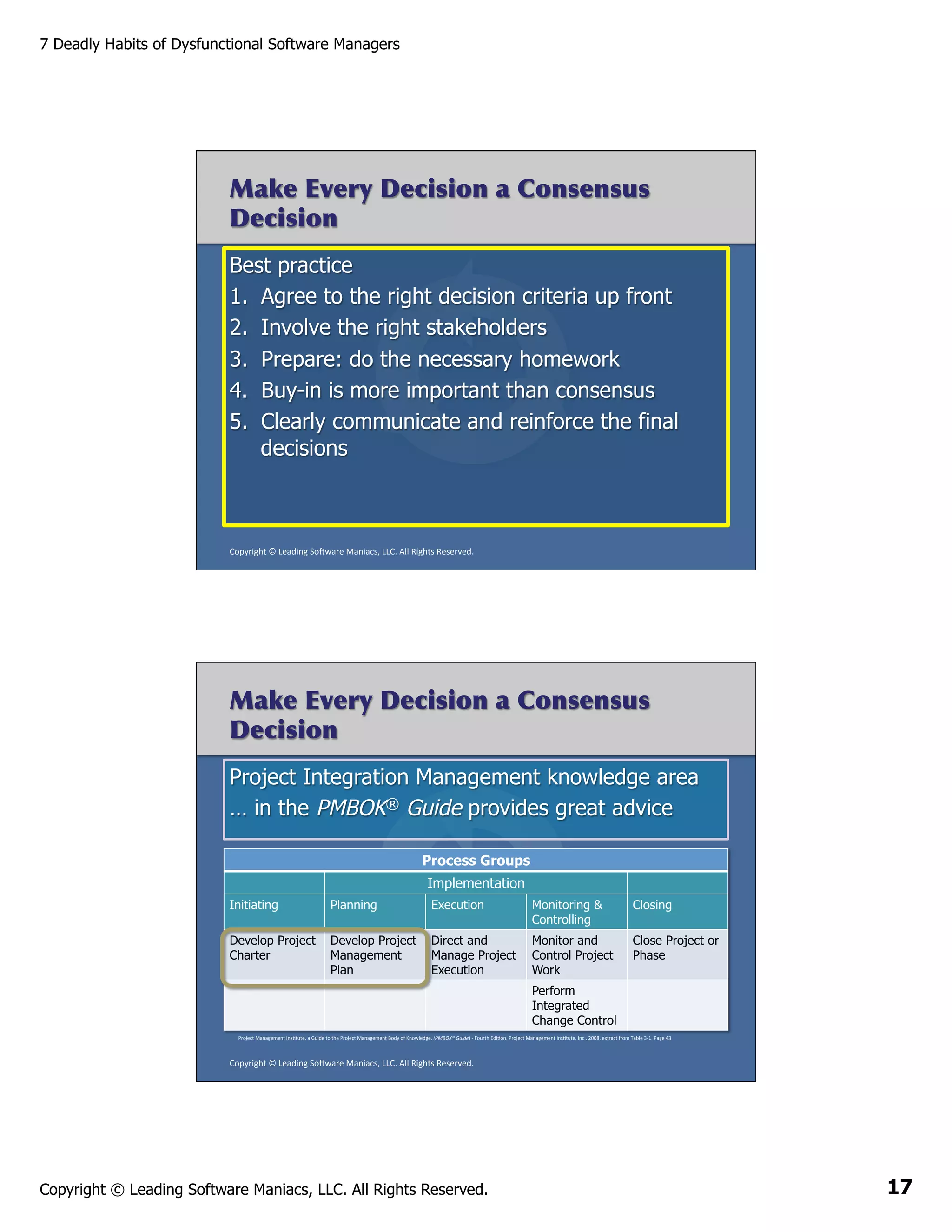 7 Deadly Habits of Dysfunctional Software Managers

Make Every Decision a Consensus
Decision
Best practice
1.  Agree to the right decision criteria up front
2.  Involve the right stakeholders
3.  Prepare: do the necessary homework
4.  Buy-in is more important than consensus
5.  Clearly communicate and reinforce the final
decisions

Copyright	
  ©	
  Leading	
  So2ware	
  Maniacs,	
  LLC.	
  All	
  Rights	
  Reserved.	
  

Make Every Decision a Consensus
Decision
Project Integration Management knowledge area
… in the PMBOK® Guide provides great advice
Process Groups
Implementation
Initiating
Develop Project
Charter

Planning
Develop Project
Management
	
   Plan

Execution

Monitoring &
Controlling

Closing

Direct and
Manage Project
Execution

Monitor and
Control Project
Work

Close Project or
Phase

Perform
Integrated
Change Control
Project	
  Management	
  InsAtute,	
  a	
  Guide	
  to	
  the	
  Project	
  Management	
  Body	
  of	
  Knowledge,	
  (PMBOK®	
  Guide)	
  -­‐	
  Fourth	
  EdiAon,	
  Project	
  Management	
  InsAtute,	
  Inc.,	
  2008,	
  extract	
  from	
  Table	
  3-­‐1,	
  Page	
  43	
  

Copyright	
  ©	
  Leading	
  So2ware	
  Maniacs,	
  LLC.	
  All	
  Rights	
  Reserved.	
  

Copyright © Leading Software Maniacs, LLC. All Rights Reserved.

17

 