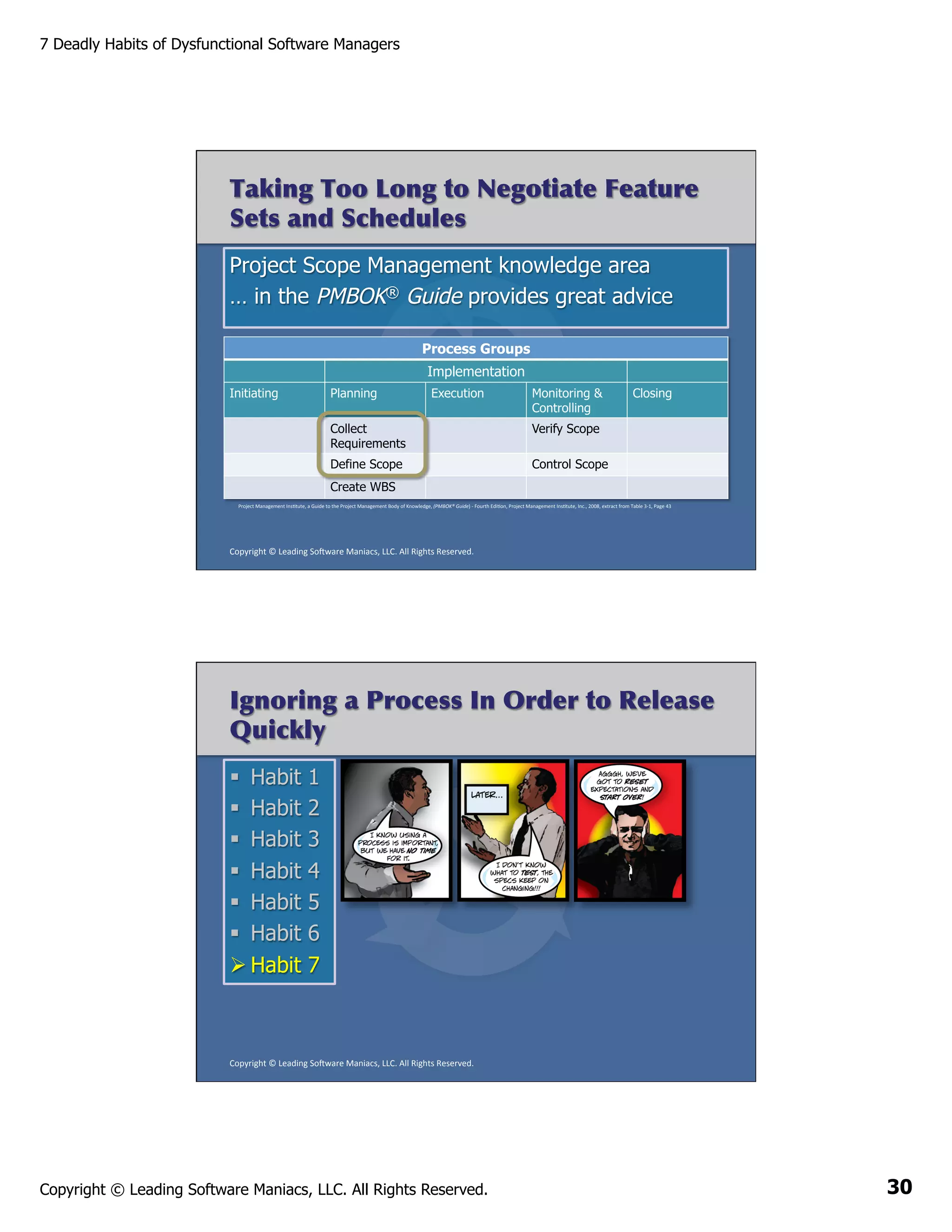7 Deadly Habits of Dysfunctional Software Managers

Taking Too Long to Negotiate Feature
Sets and Schedules
Project Scope Management knowledge area
… in the PMBOK® Guide provides great advice
Process Groups
Implementation
Initiating

Planning

Execution

Monitoring &
Controlling

Collect
Requirements

Verify Scope

Define Scope

Closing

Control Scope

	
  

Create WBS
Project	
  Management	
  InsAtute,	
  a	
  Guide	
  to	
  the	
  Project	
  Management	
  Body	
  of	
  Knowledge,	
  (PMBOK®	
  Guide)	
  -­‐	
  Fourth	
  EdiAon,	
  Project	
  Management	
  InsAtute,	
  Inc.,	
  2008,	
  extract	
  from	
  Table	
  3-­‐1,	
  Page	
  43	
  

Copyright	
  ©	
  Leading	
  So2ware	
  Maniacs,	
  LLC.	
  All	
  Rights	
  Reserved.	
  

Ignoring a Process In Order to Release
Quickly
§  Habit
§  Habit
§  Habit
§  Habit
§  Habit
§  Habit
Ø Habit

1
2
3
4
5
6
7

Copyright	
  ©	
  Leading	
  So2ware	
  Maniacs,	
  LLC.	
  All	
  Rights	
  Reserved.	
  

Copyright © Leading Software Maniacs, LLC. All Rights Reserved.

30

 