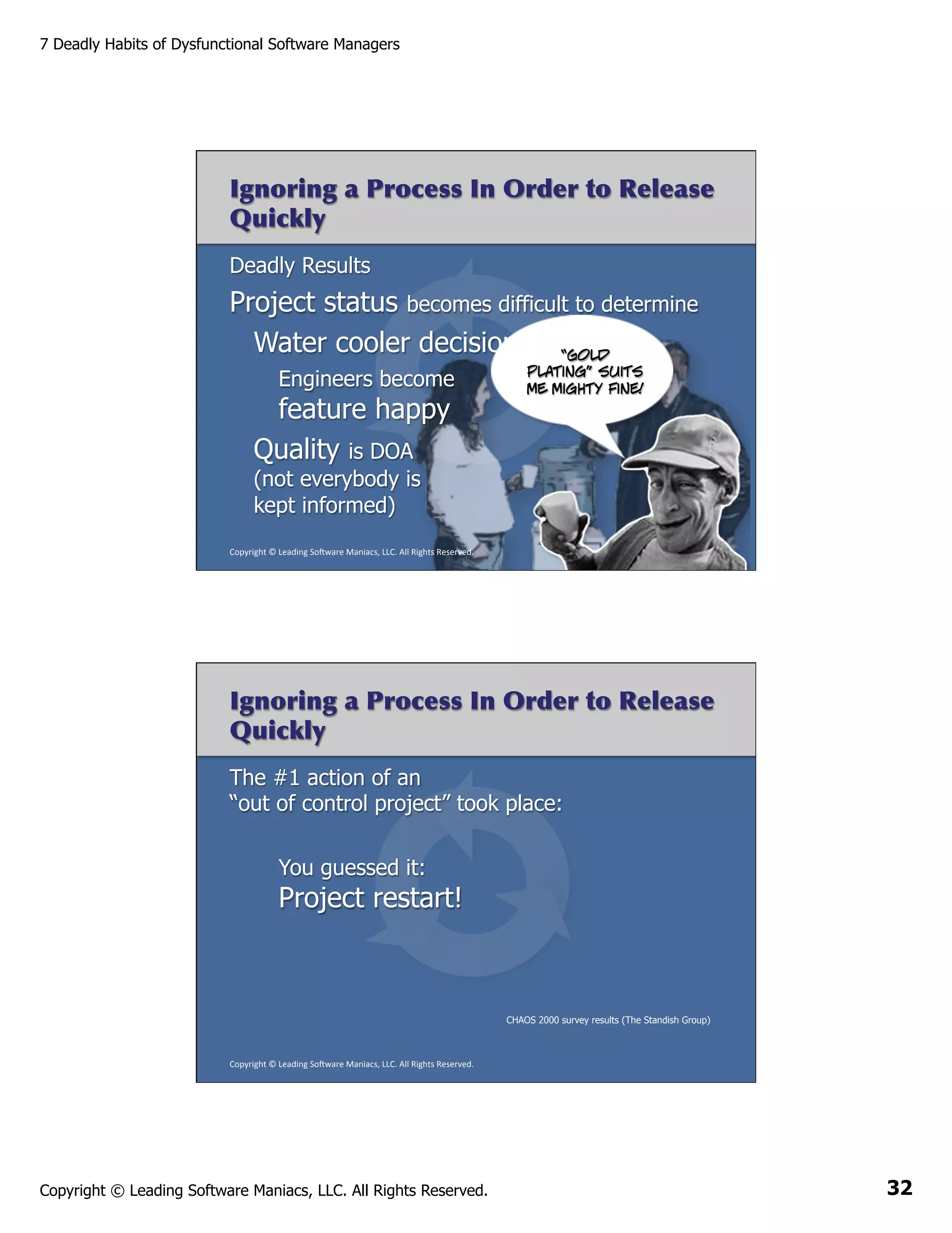 7 Deadly Habits of Dysfunctional Software Managers

Ignoring a Process In Order to Release
Quickly
Deadly Results

Project status becomes difficult to determine
Water cooler decisions abound
“Gold
Engineers become

feature happy
Quality is DOA

plating” suits
me mighty fine!

(not everybody is
kept informed)

Copyright	
  ©	
  Leading	
  So2ware	
  Maniacs,	
  LLC.	
  All	
  Rights	
  Reserved.	
  

Ignoring a Process In Order to Release
Quickly
The #1 action of an
“out of control project” took place:
You guessed it:

Project restart!

CHAOS 2000 survey results (The Standish Group)

Copyright	
  ©	
  Leading	
  So2ware	
  Maniacs,	
  LLC.	
  All	
  Rights	
  Reserved.	
  

Copyright © Leading Software Maniacs, LLC. All Rights Reserved.

32

 