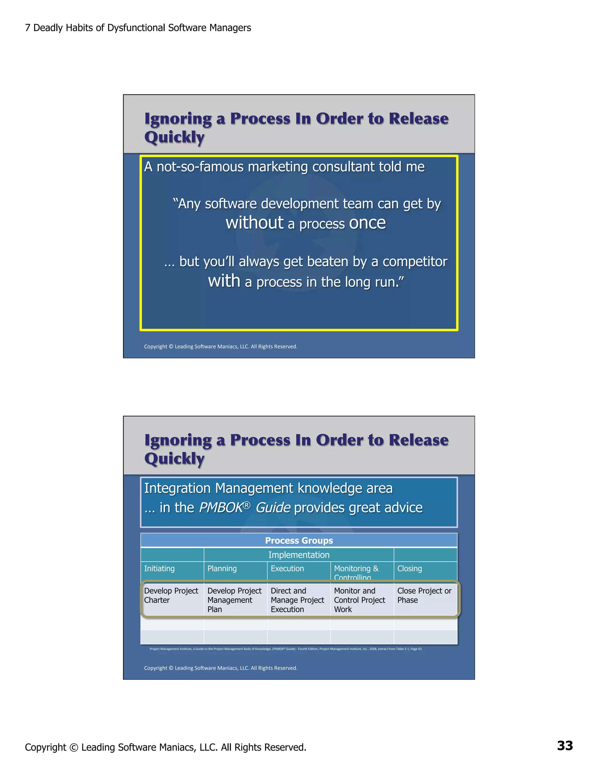 7 Deadly Habits of Dysfunctional Software Managers

Ignoring a Process In Order to Release
Quickly
A not-so-famous marketing consultant told me
“Any software development team can get by
without a process once
… but you’ll always get beaten by a competitor
with a process in the long run.”

Copyright	
  ©	
  Leading	
  So2ware	
  Maniacs,	
  LLC.	
  All	
  Rights	
  Reserved.	
  

Ignoring a Process In Order to Release
Quickly
Integration Management knowledge area
… in the PMBOK® Guide provides great advice
Process Groups
Implementation
Initiating

Planning

Execution

Monitoring &
Controlling

Closing

Develop Project
Charter

Develop Project
Management
Plan

Direct and
Manage Project
	
  
Execution

Monitor and
Control Project
Work

Close Project or
Phase

Project	
  Management	
  InsAtute,	
  a	
  Guide	
  to	
  the	
  Project	
  Management	
  Body	
  of	
  Knowledge,	
  (PMBOK®	
  Guide)	
  -­‐	
  Fourth	
  EdiAon,	
  Project	
  Management	
  InsAtute,	
  Inc.,	
  2008,	
  extract	
  from	
  Table	
  3-­‐1,	
  Page	
  43	
  

Copyright	
  ©	
  Leading	
  So2ware	
  Maniacs,	
  LLC.	
  All	
  Rights	
  Reserved.	
  

Copyright © Leading Software Maniacs, LLC. All Rights Reserved.

33

 