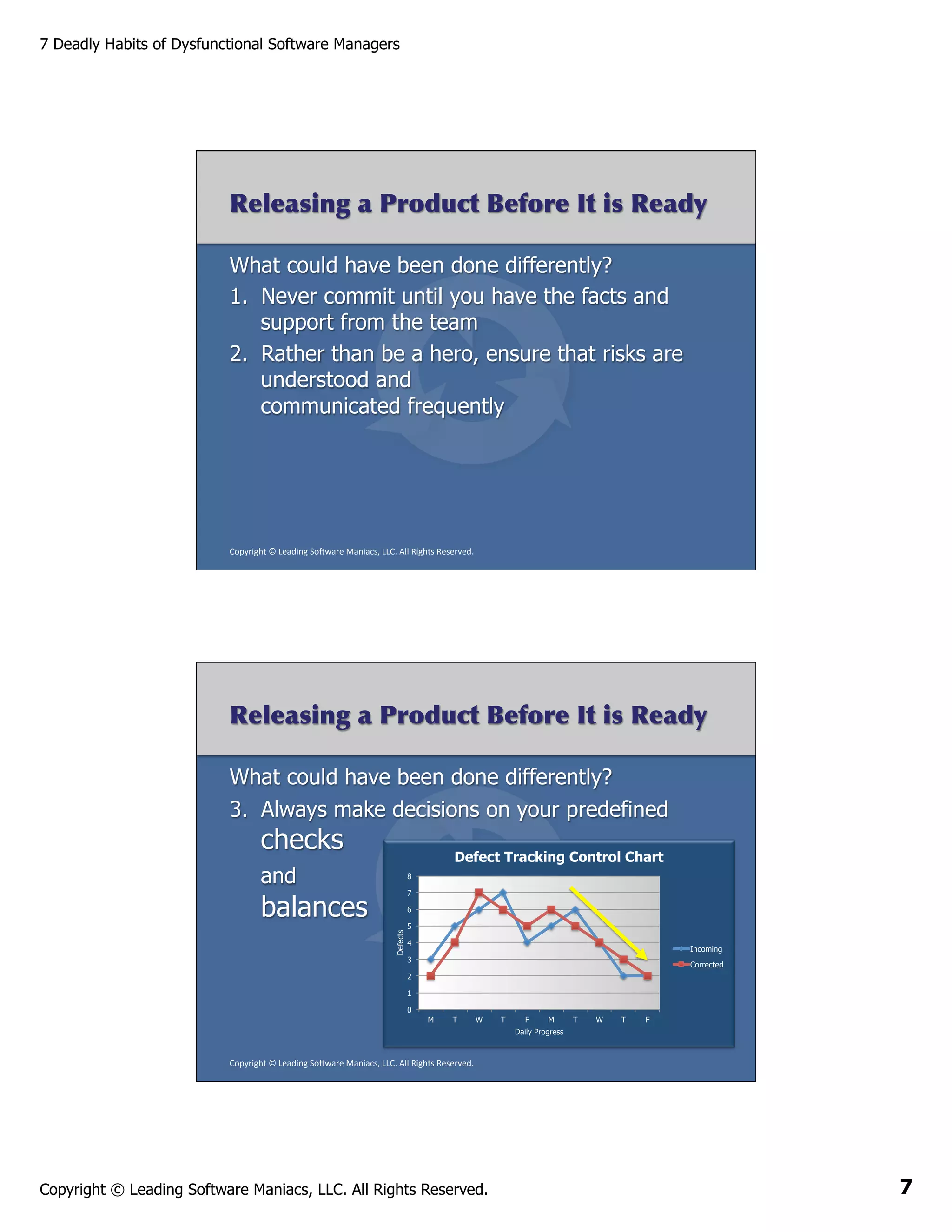 7 Deadly Habits of Dysfunctional Software Managers

Releasing a Product Before It is Ready
What could have been done differently?
1.  Never commit until you have the facts and
support from the team
2.  Rather than be a hero, ensure that risks are
understood and
communicated frequently

Copyright	
  ©	
  Leading	
  So2ware	
  Maniacs,	
  LLC.	
  All	
  Rights	
  Reserved.	
  

Releasing a Product Before It is Ready
What could have been done differently?
3.  Always make decisions on your predefined

checks

Defect Tracking Control Chart

and

8
7

balances
Defects

6
5
4

Incoming

3

Corrected

2
1
0
M

T

W

T

F

M

T

W

T

F

Daily Progress

Copyright	
  ©	
  Leading	
  So2ware	
  Maniacs,	
  LLC.	
  All	
  Rights	
  Reserved.	
  

Copyright © Leading Software Maniacs, LLC. All Rights Reserved.

7

 