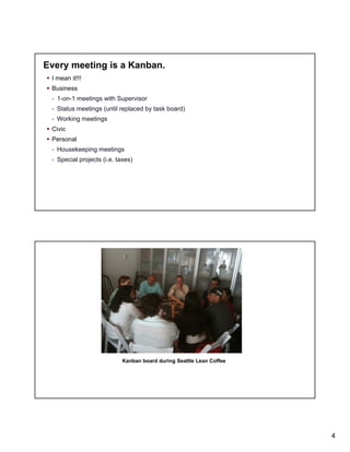 Every meeting is a Kanban.
I mean it!!!
Business
- 1-on-1 meetings with Supervisor
- Status meetings (until replaced by task board)
- Working meetings
Civic
Personal
- Housekeeping meetings
- Special projects (i e ta es)
(i.e. taxes)

Kanban board during Seattle Lean Coffee

4

 