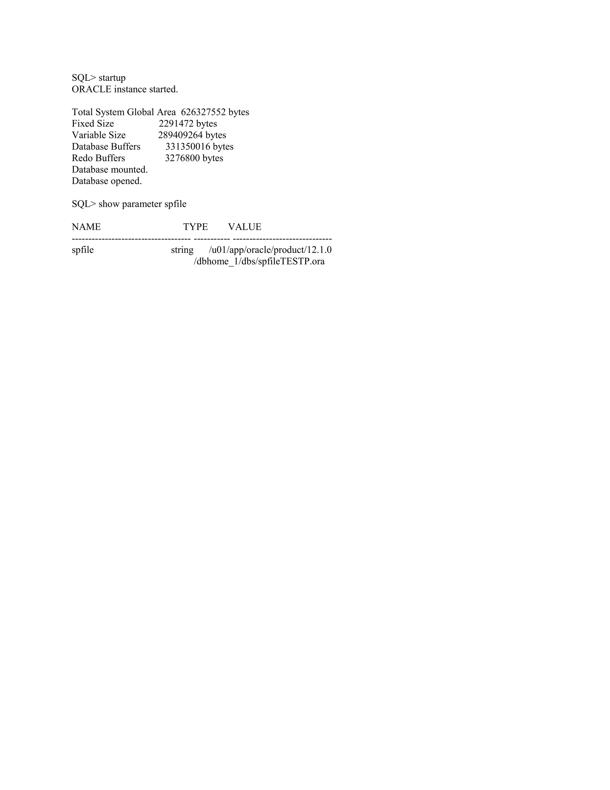 SQL> startup ORACLE instance started. Total System Global Area 626327552 bytes Fixed Size 2291472 bytes Variable Size 289409264 bytes Database Buffers 331350016 bytes Redo Buffers 3276800 bytes Database mounted. Database opened. SQL> show parameter spfile NAME TYPE VALUE ------------------------------------ ----------- -----------------------------spfile string /u01/app/oracle/product/12.1.0 /dbhome_1/dbs/spfileTESTP.ora 