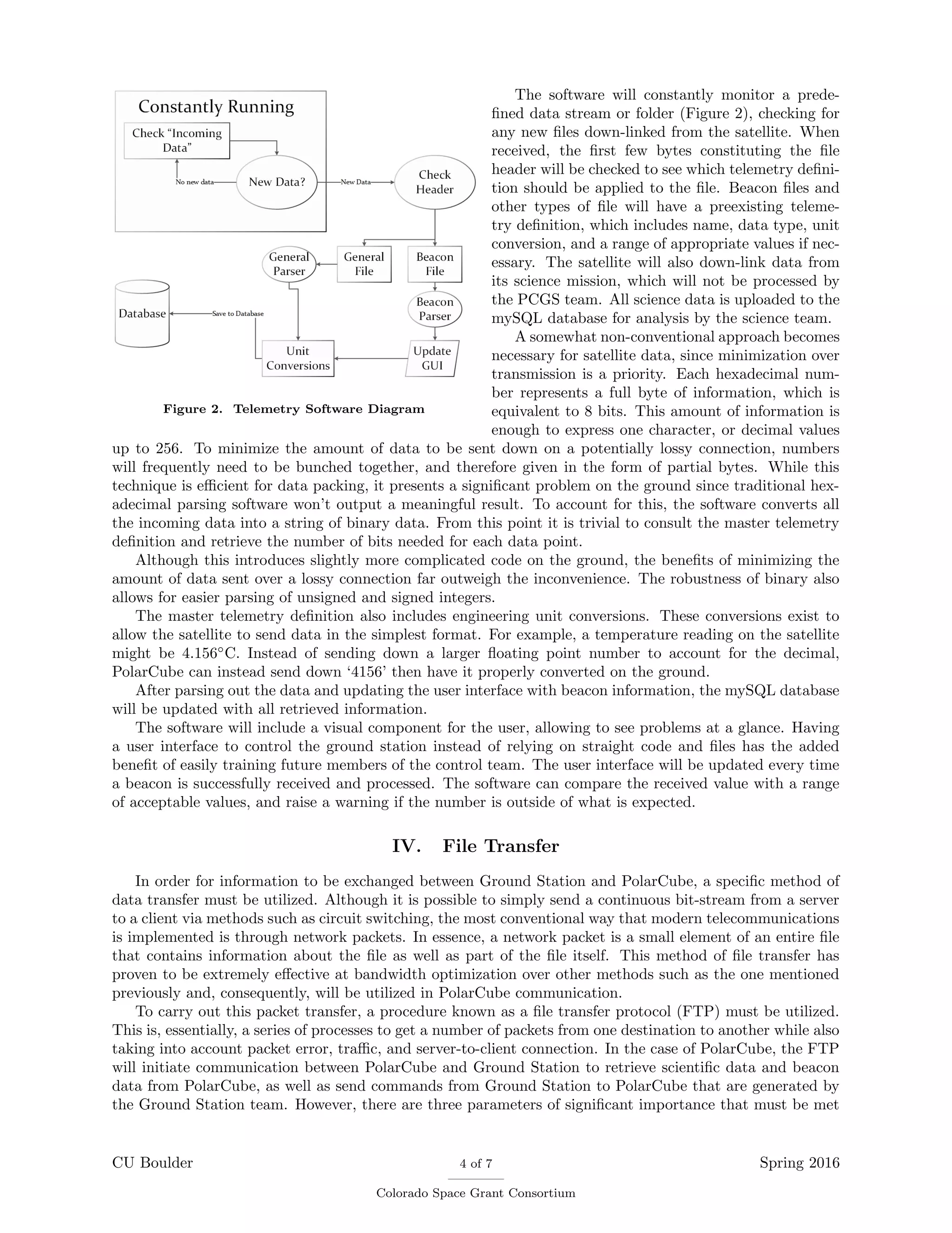 Figure 2. Telemetry Software Diagram
The software will constantly monitor a prede-
ﬁned data stream or folder (Figure 2), checking for
any new ﬁles down-linked from the satellite. When
received, the ﬁrst few bytes constituting the ﬁle
header will be checked to see which telemetry deﬁni-
tion should be applied to the ﬁle. Beacon ﬁles and
other types of ﬁle will have a preexisting teleme-
try deﬁnition, which includes name, data type, unit
conversion, and a range of appropriate values if nec-
essary. The satellite will also down-link data from
its science mission, which will not be processed by
the PCGS team. All science data is uploaded to the
mySQL database for analysis by the science team.
A somewhat non-conventional approach becomes
necessary for satellite data, since minimization over
transmission is a priority. Each hexadecimal num-
ber represents a full byte of information, which is
equivalent to 8 bits. This amount of information is
enough to express one character, or decimal values
up to 256. To minimize the amount of data to be sent down on a potentially lossy connection, numbers
will frequently need to be bunched together, and therefore given in the form of partial bytes. While this
technique is eﬃcient for data packing, it presents a signiﬁcant problem on the ground since traditional hex-
adecimal parsing software won’t output a meaningful result. To account for this, the software converts all
the incoming data into a string of binary data. From this point it is trivial to consult the master telemetry
deﬁnition and retrieve the number of bits needed for each data point.
Although this introduces slightly more complicated code on the ground, the beneﬁts of minimizing the
amount of data sent over a lossy connection far outweigh the inconvenience. The robustness of binary also
allows for easier parsing of unsigned and signed integers.
The master telemetry deﬁnition also includes engineering unit conversions. These conversions exist to
allow the satellite to send data in the simplest format. For example, a temperature reading on the satellite
might be 4.156◦
C. Instead of sending down a larger ﬂoating point number to account for the decimal,
PolarCube can instead send down ‘4156’ then have it properly converted on the ground.
After parsing out the data and updating the user interface with beacon information, the mySQL database
will be updated with all retrieved information.
The software will include a visual component for the user, allowing to see problems at a glance. Having
a user interface to control the ground station instead of relying on straight code and ﬁles has the added
beneﬁt of easily training future members of the control team. The user interface will be updated every time
a beacon is successfully received and processed. The software can compare the received value with a range
of acceptable values, and raise a warning if the number is outside of what is expected.
IV. File Transfer
In order for information to be exchanged between Ground Station and PolarCube, a speciﬁc method of
data transfer must be utilized. Although it is possible to simply send a continuous bit-stream from a server
to a client via methods such as circuit switching, the most conventional way that modern telecommunications
is implemented is through network packets. In essence, a network packet is a small element of an entire ﬁle
that contains information about the ﬁle as well as part of the ﬁle itself. This method of ﬁle transfer has
proven to be extremely eﬀective at bandwidth optimization over other methods such as the one mentioned
previously and, consequently, will be utilized in PolarCube communication.
To carry out this packet transfer, a procedure known as a ﬁle transfer protocol (FTP) must be utilized.
This is, essentially, a series of processes to get a number of packets from one destination to another while also
taking into account packet error, traﬃc, and server-to-client connection. In the case of PolarCube, the FTP
will initiate communication between PolarCube and Ground Station to retrieve scientiﬁc data and beacon
data from PolarCube, as well as send commands from Ground Station to PolarCube that are generated by
the Ground Station team. However, there are three parameters of signiﬁcant importance that must be met
CU Boulder 4 of 7
Colorado Space Grant Consortium
Spring 2016
 