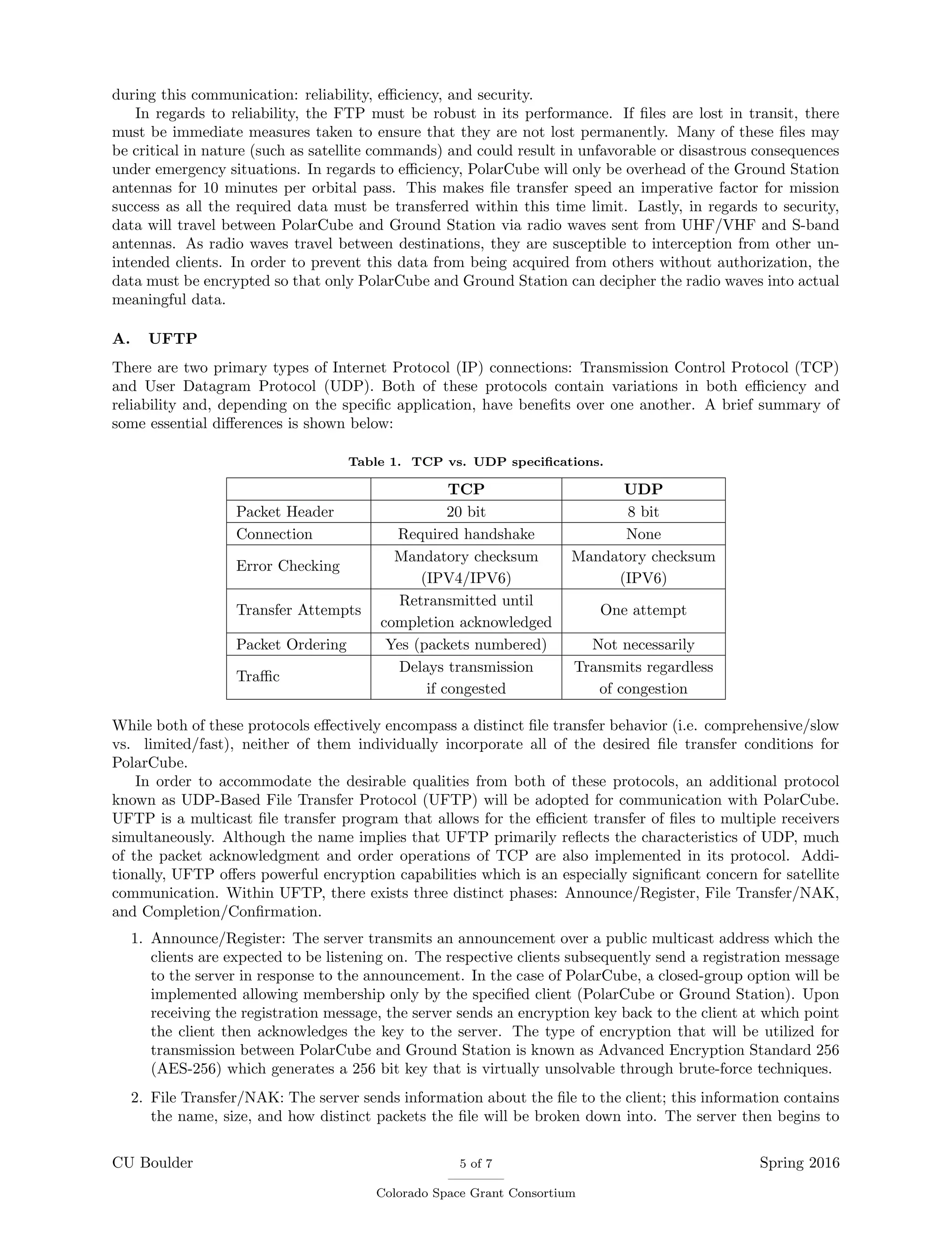 during this communication: reliability, eﬃciency, and security.
In regards to reliability, the FTP must be robust in its performance. If ﬁles are lost in transit, there
must be immediate measures taken to ensure that they are not lost permanently. Many of these ﬁles may
be critical in nature (such as satellite commands) and could result in unfavorable or disastrous consequences
under emergency situations. In regards to eﬃciency, PolarCube will only be overhead of the Ground Station
antennas for 10 minutes per orbital pass. This makes ﬁle transfer speed an imperative factor for mission
success as all the required data must be transferred within this time limit. Lastly, in regards to security,
data will travel between PolarCube and Ground Station via radio waves sent from UHF/VHF and S-band
antennas. As radio waves travel between destinations, they are susceptible to interception from other un-
intended clients. In order to prevent this data from being acquired from others without authorization, the
data must be encrypted so that only PolarCube and Ground Station can decipher the radio waves into actual
meaningful data.
A. UFTP
There are two primary types of Internet Protocol (IP) connections: Transmission Control Protocol (TCP)
and User Datagram Protocol (UDP). Both of these protocols contain variations in both eﬃciency and
reliability and, depending on the speciﬁc application, have beneﬁts over one another. A brief summary of
some essential diﬀerences is shown below:
Table 1. TCP vs. UDP speciﬁcations.
TCP UDP
Packet Header 20 bit 8 bit
Connection Required handshake None
Error Checking
Mandatory checksum
(IPV4/IPV6)
Mandatory checksum
(IPV6)
Transfer Attempts
Retransmitted until
completion acknowledged
One attempt
Packet Ordering Yes (packets numbered) Not necessarily
Traﬃc
Delays transmission
if congested
Transmits regardless
of congestion
While both of these protocols eﬀectively encompass a distinct ﬁle transfer behavior (i.e. comprehensive/slow
vs. limited/fast), neither of them individually incorporate all of the desired ﬁle transfer conditions for
PolarCube.
In order to accommodate the desirable qualities from both of these protocols, an additional protocol
known as UDP-Based File Transfer Protocol (UFTP) will be adopted for communication with PolarCube.
UFTP is a multicast ﬁle transfer program that allows for the eﬃcient transfer of ﬁles to multiple receivers
simultaneously. Although the name implies that UFTP primarily reﬂects the characteristics of UDP, much
of the packet acknowledgment and order operations of TCP are also implemented in its protocol. Addi-
tionally, UFTP oﬀers powerful encryption capabilities which is an especially signiﬁcant concern for satellite
communication. Within UFTP, there exists three distinct phases: Announce/Register, File Transfer/NAK,
and Completion/Conﬁrmation.
1. Announce/Register: The server transmits an announcement over a public multicast address which the
clients are expected to be listening on. The respective clients subsequently send a registration message
to the server in response to the announcement. In the case of PolarCube, a closed-group option will be
implemented allowing membership only by the speciﬁed client (PolarCube or Ground Station). Upon
receiving the registration message, the server sends an encryption key back to the client at which point
the client then acknowledges the key to the server. The type of encryption that will be utilized for
transmission between PolarCube and Ground Station is known as Advanced Encryption Standard 256
(AES-256) which generates a 256 bit key that is virtually unsolvable through brute-force techniques.
2. File Transfer/NAK: The server sends information about the ﬁle to the client; this information contains
the name, size, and how distinct packets the ﬁle will be broken down into. The server then begins to
CU Boulder 5 of 7
Colorado Space Grant Consortium
Spring 2016
 