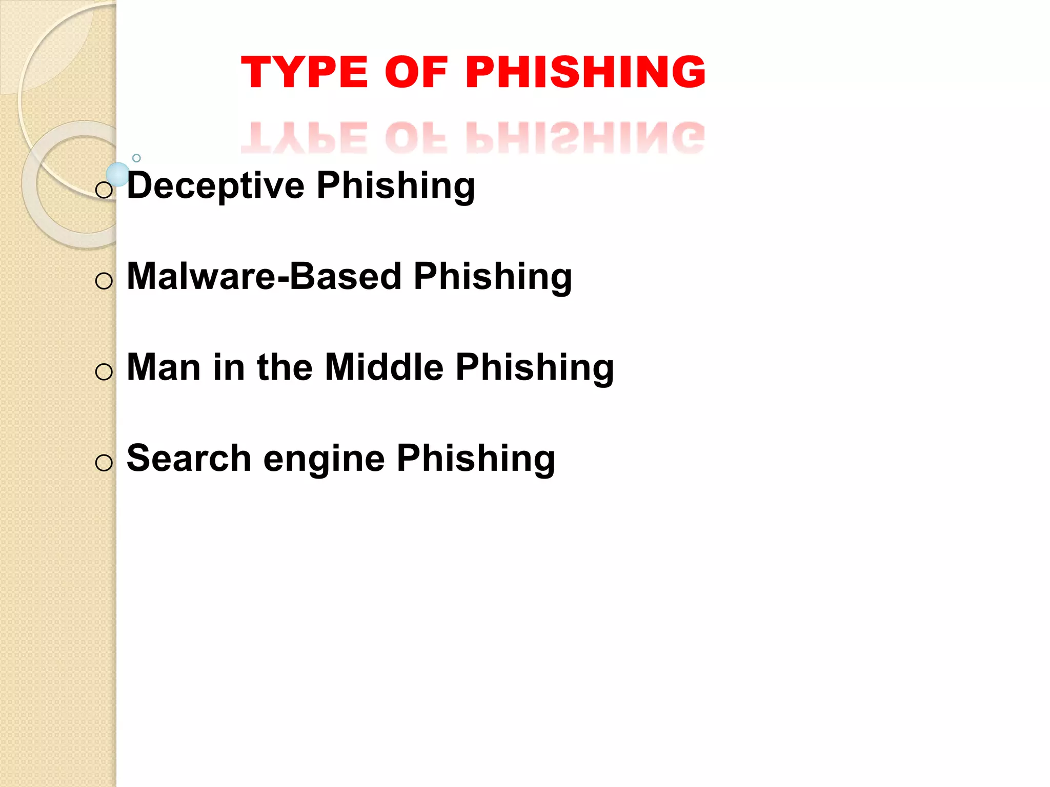 TYPE OF PHISHING
o Deceptive Phishing
o Malware-Based Phishing
o Man in the Middle Phishing
o Search engine Phishing
 